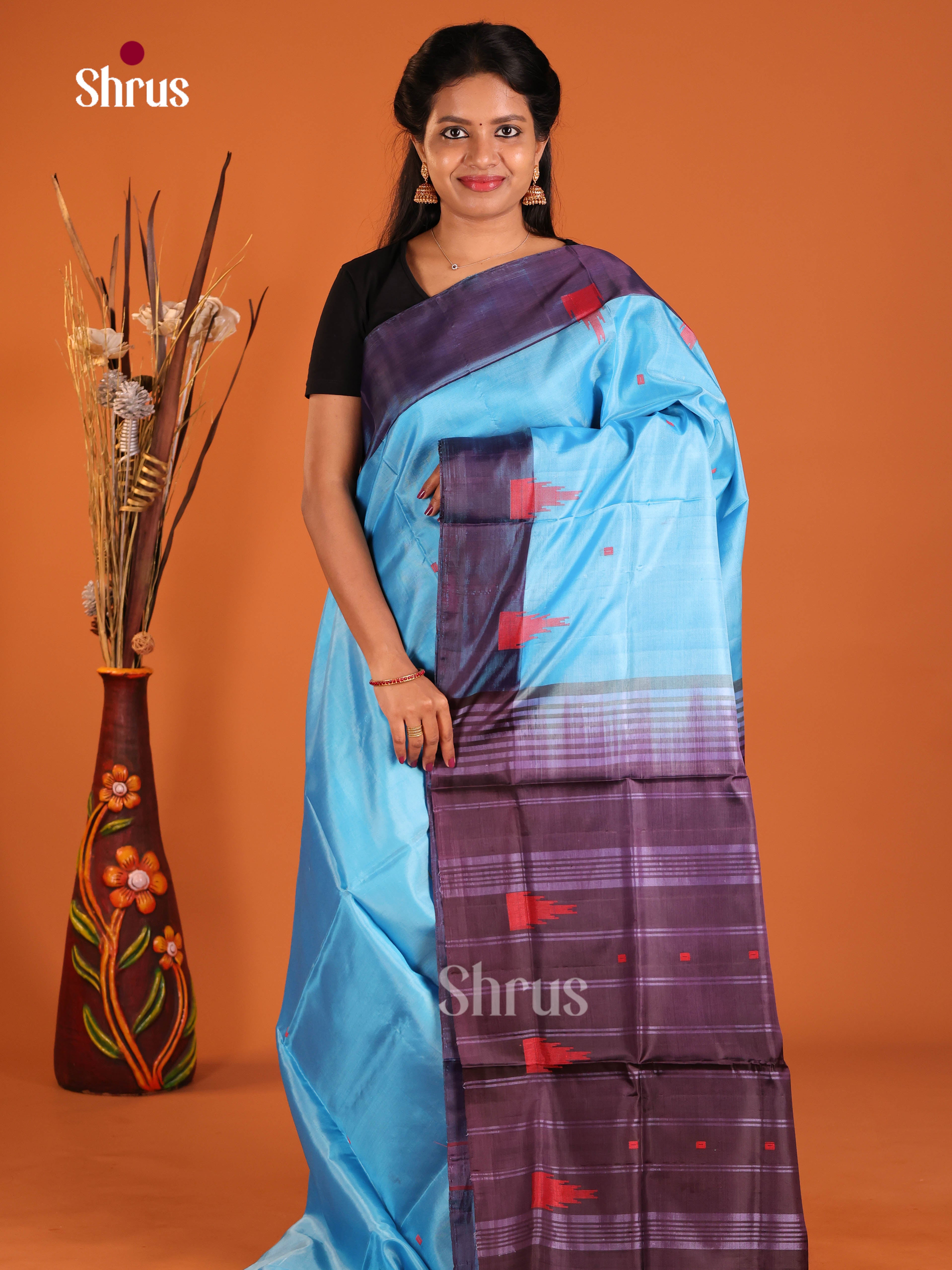 Light Blue & Purple - Banana Pith without blouse Saree - Shop on Shrus.com