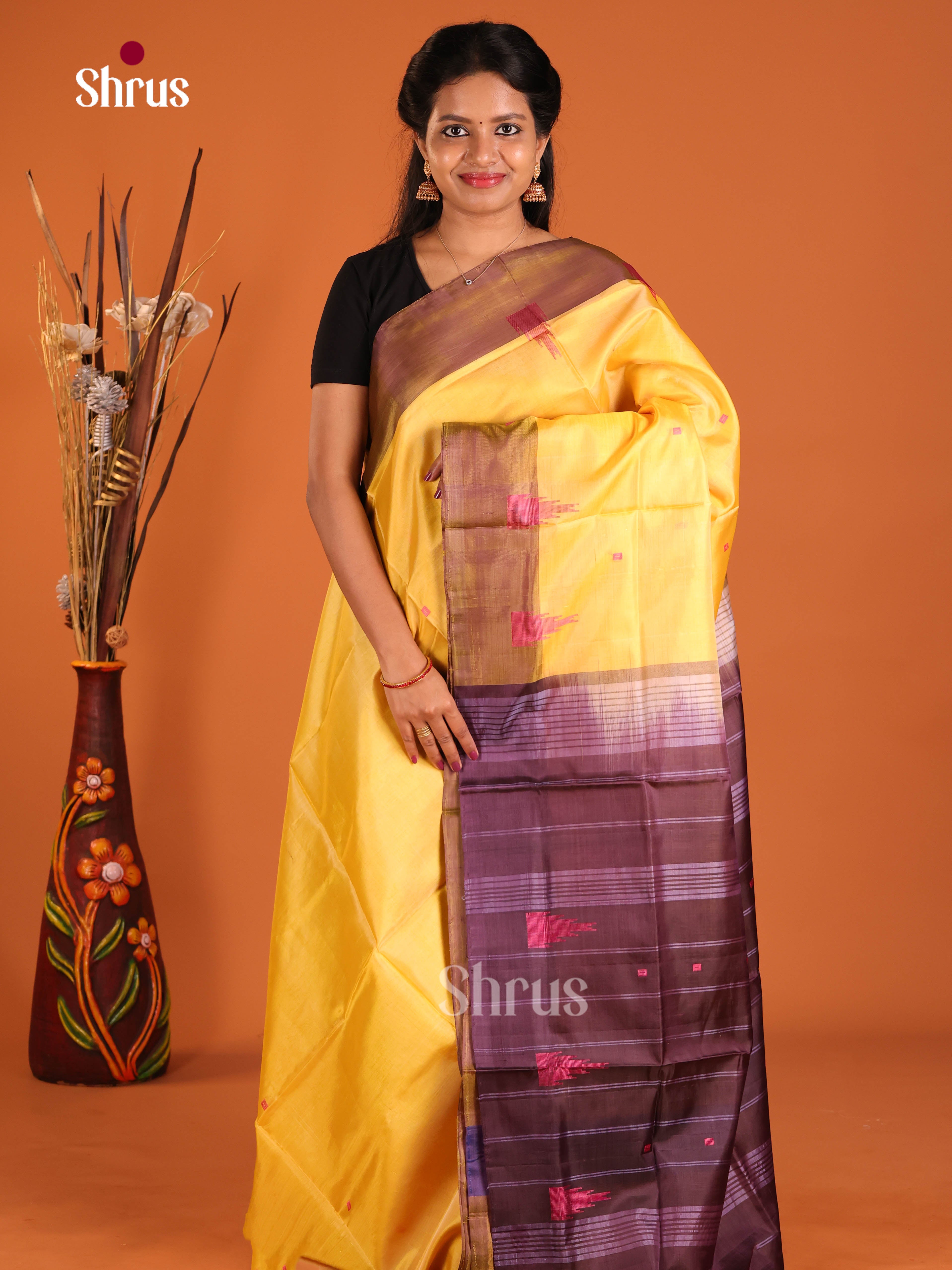 Yellow & Purple- Banana Pith without blouse Saree