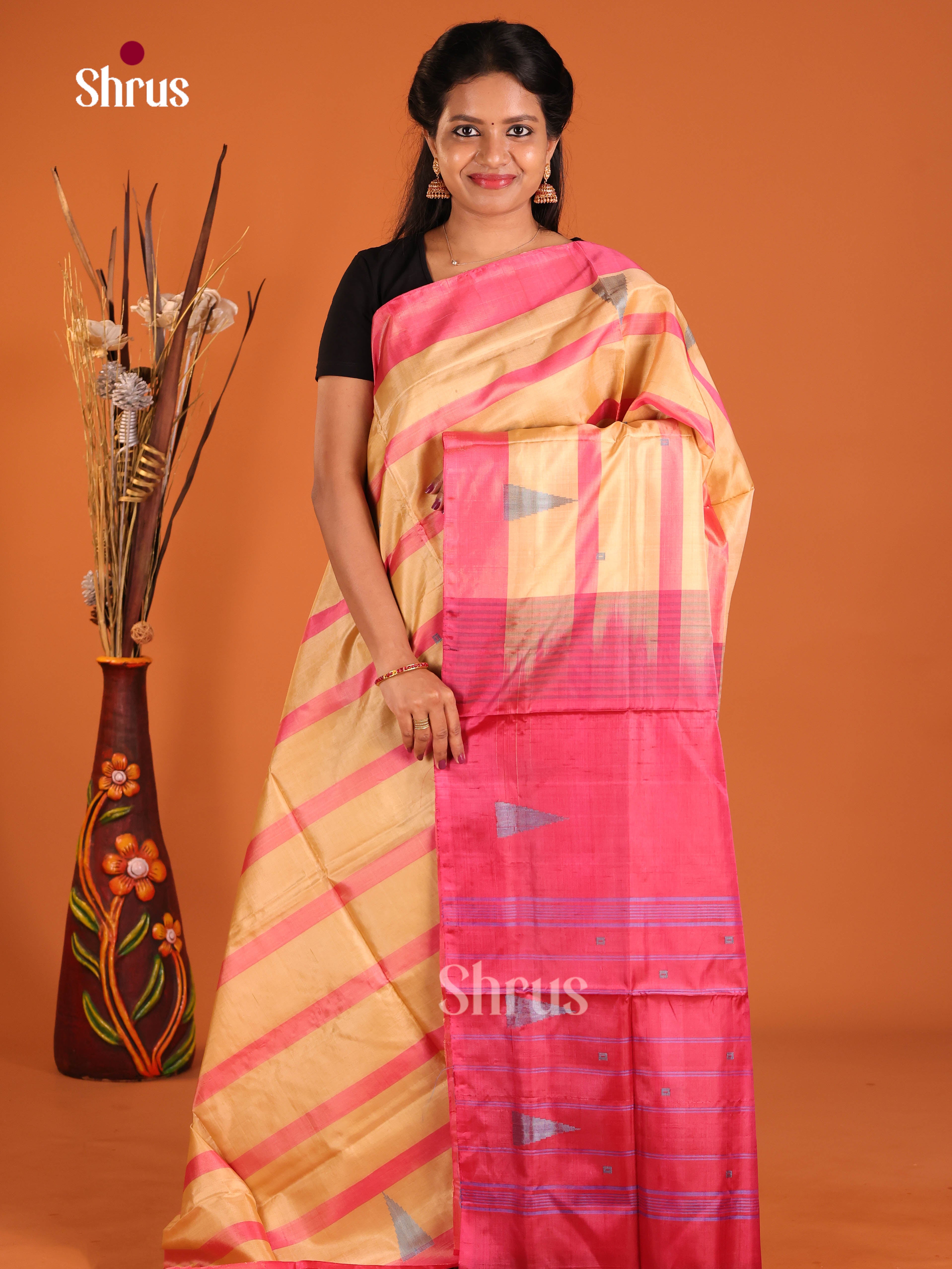 Sandal & Red - Banana Pith without blouse Saree