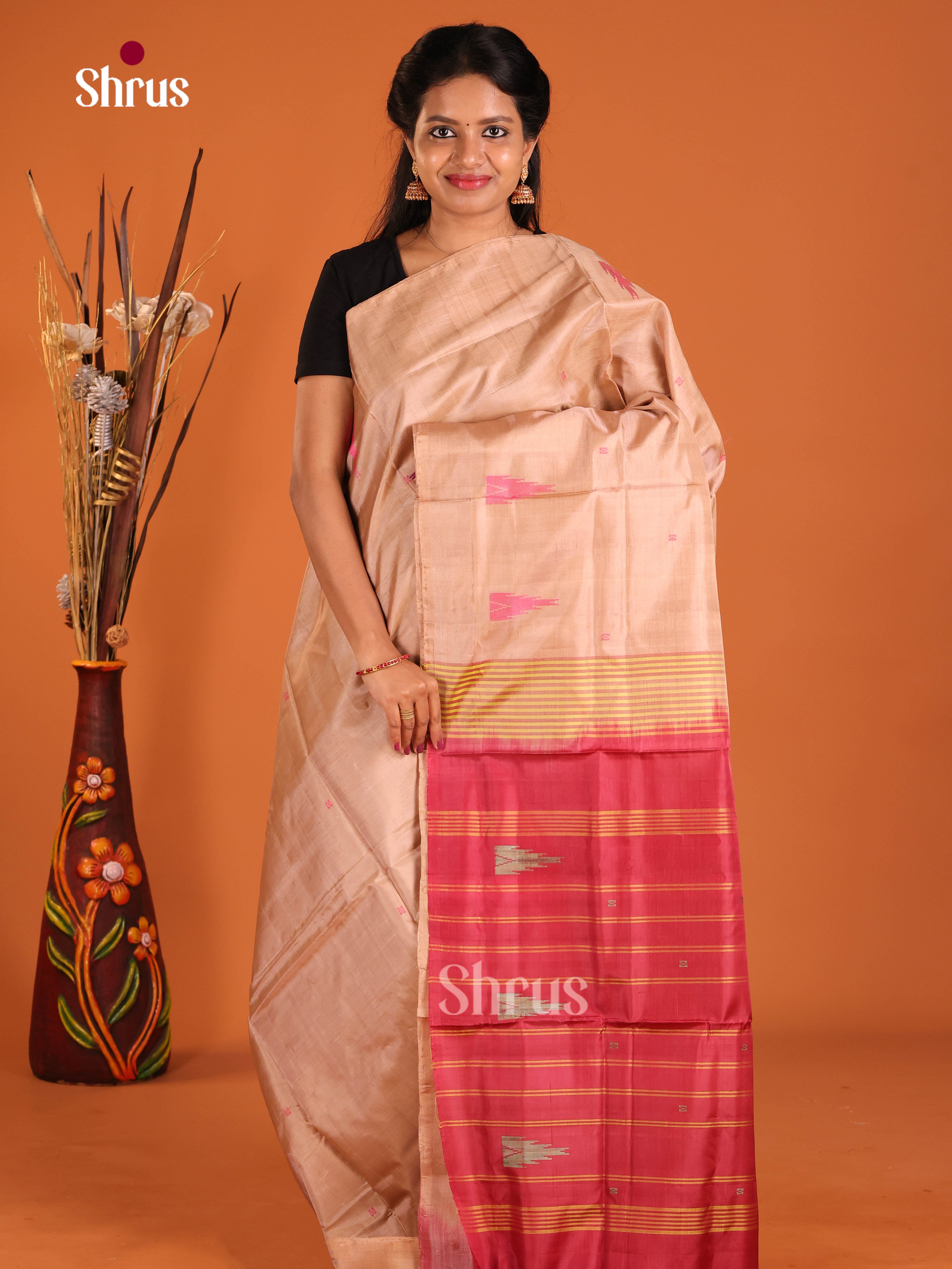 Dusty Brown & Red- Banana Pith without blouse Saree - Shop on Shrus.com