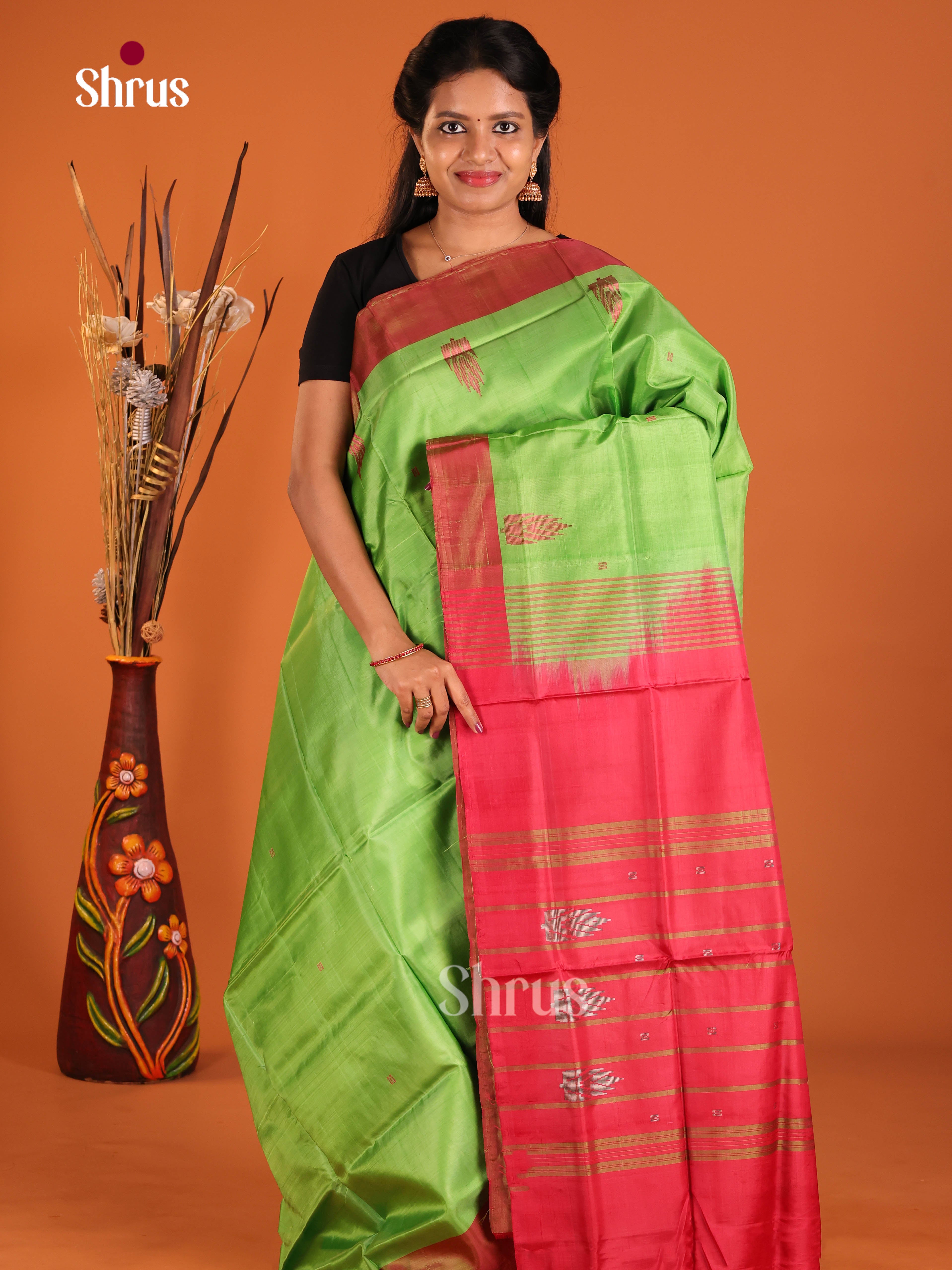 Light Green & Red - Banana Pith without blouse Saree - Shop on Shrus.com