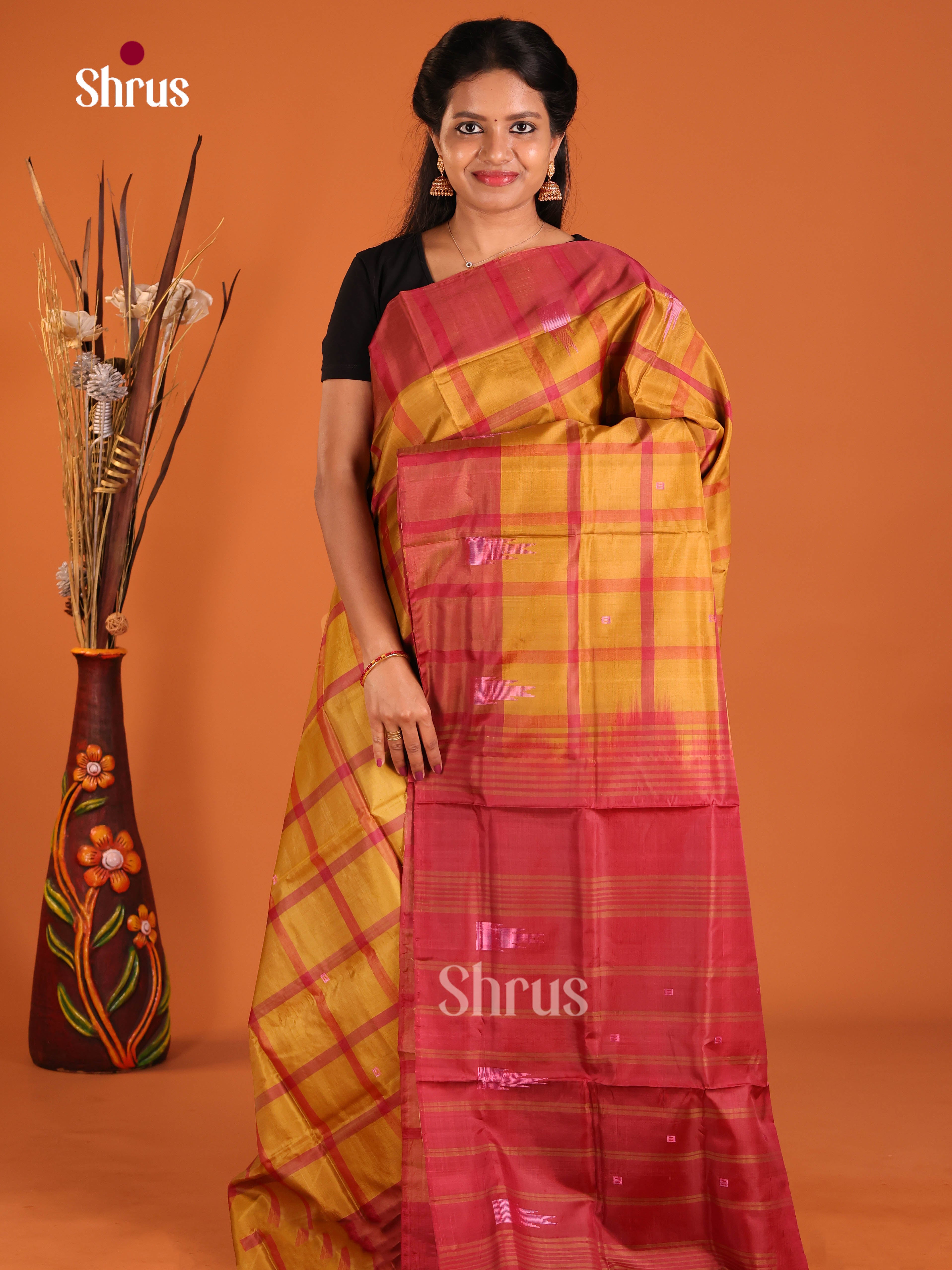 Mustard & Maroon - Banana Pith without blouse Saree - Shop on Shrus.com