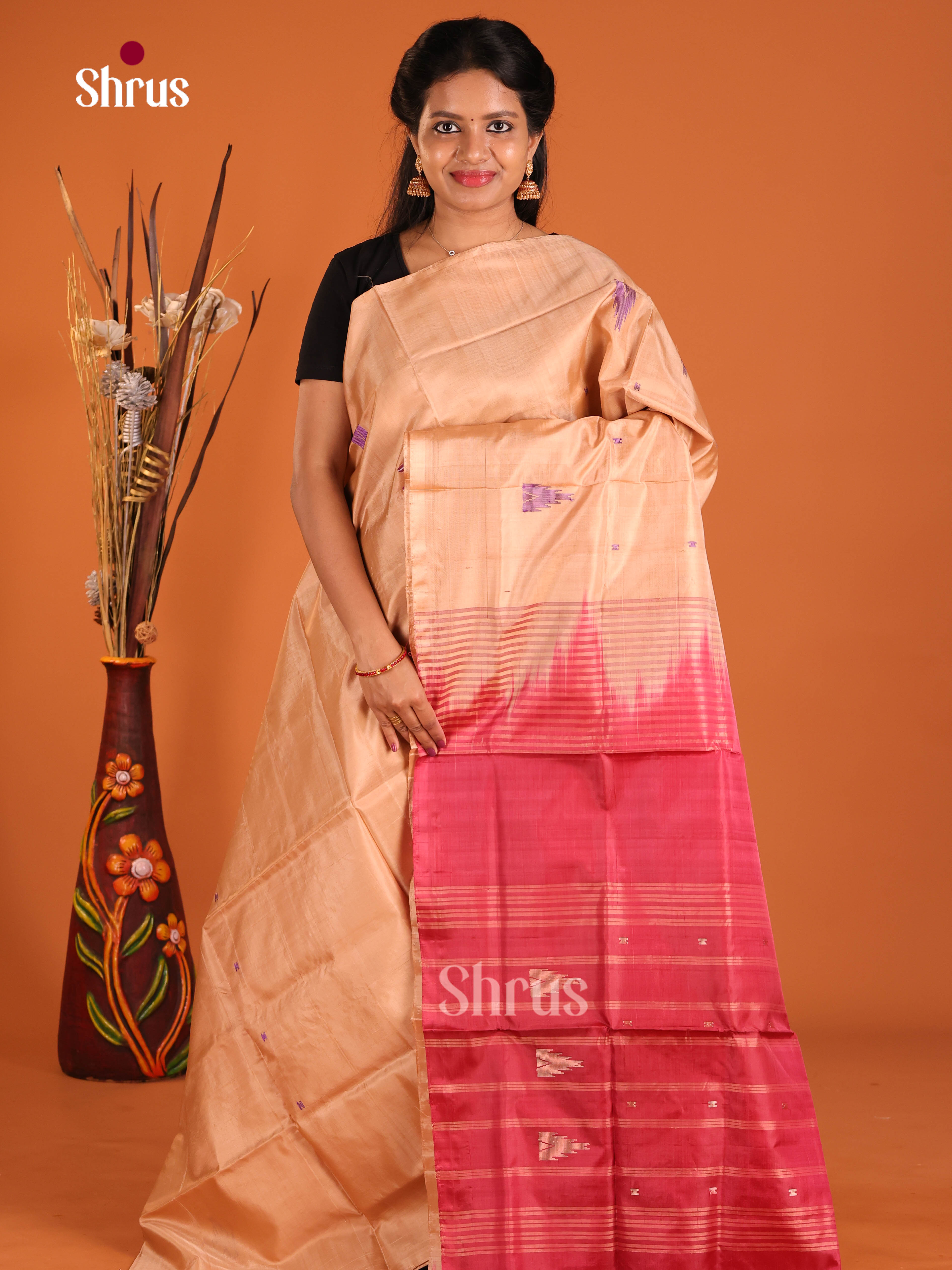 Peach & Red - Banana Pith without blouse Saree - Shop on Shrus.com