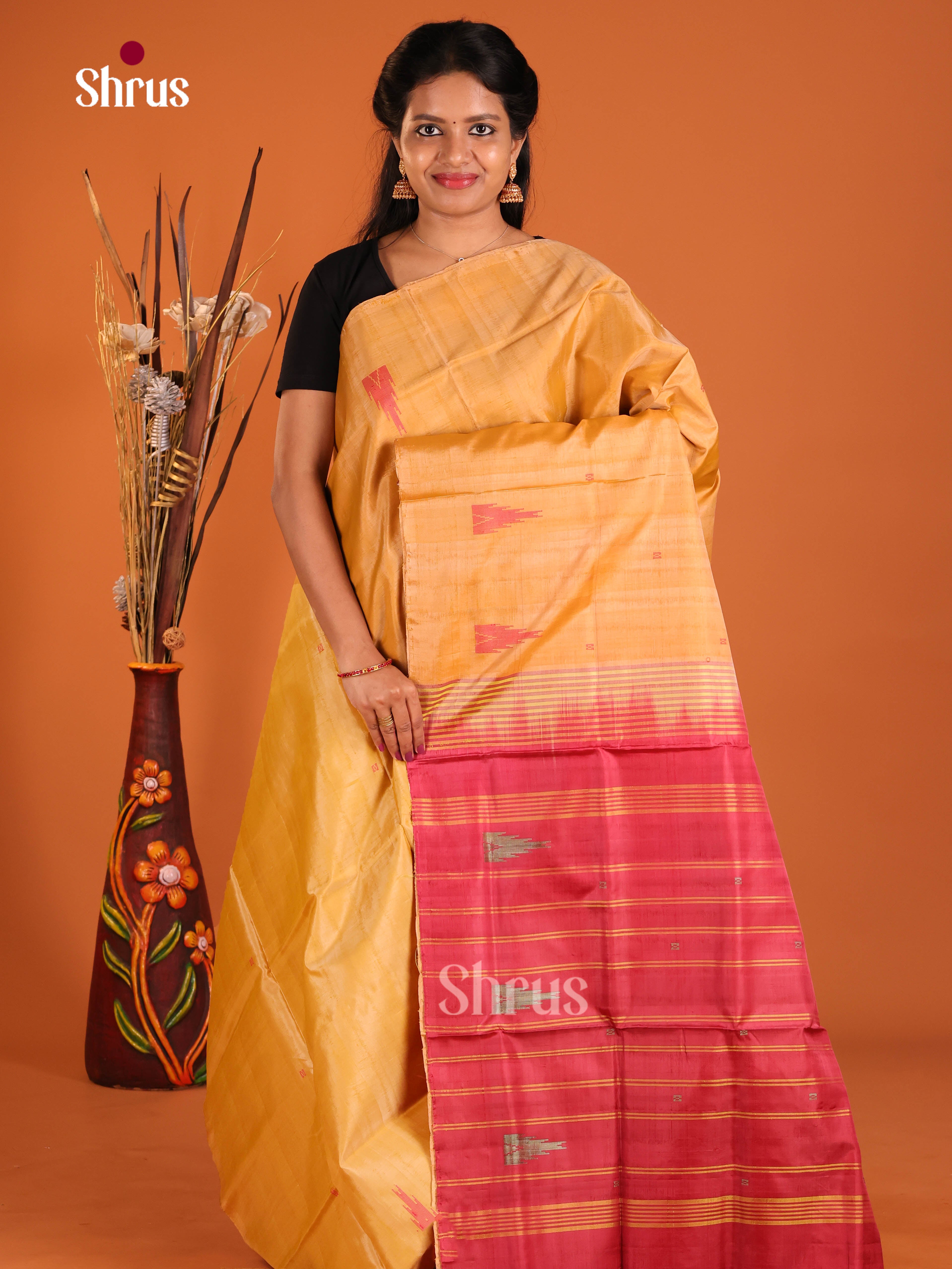 Mustard & Red - Banana Pith without blouse Saree - Shop on Shrus.com