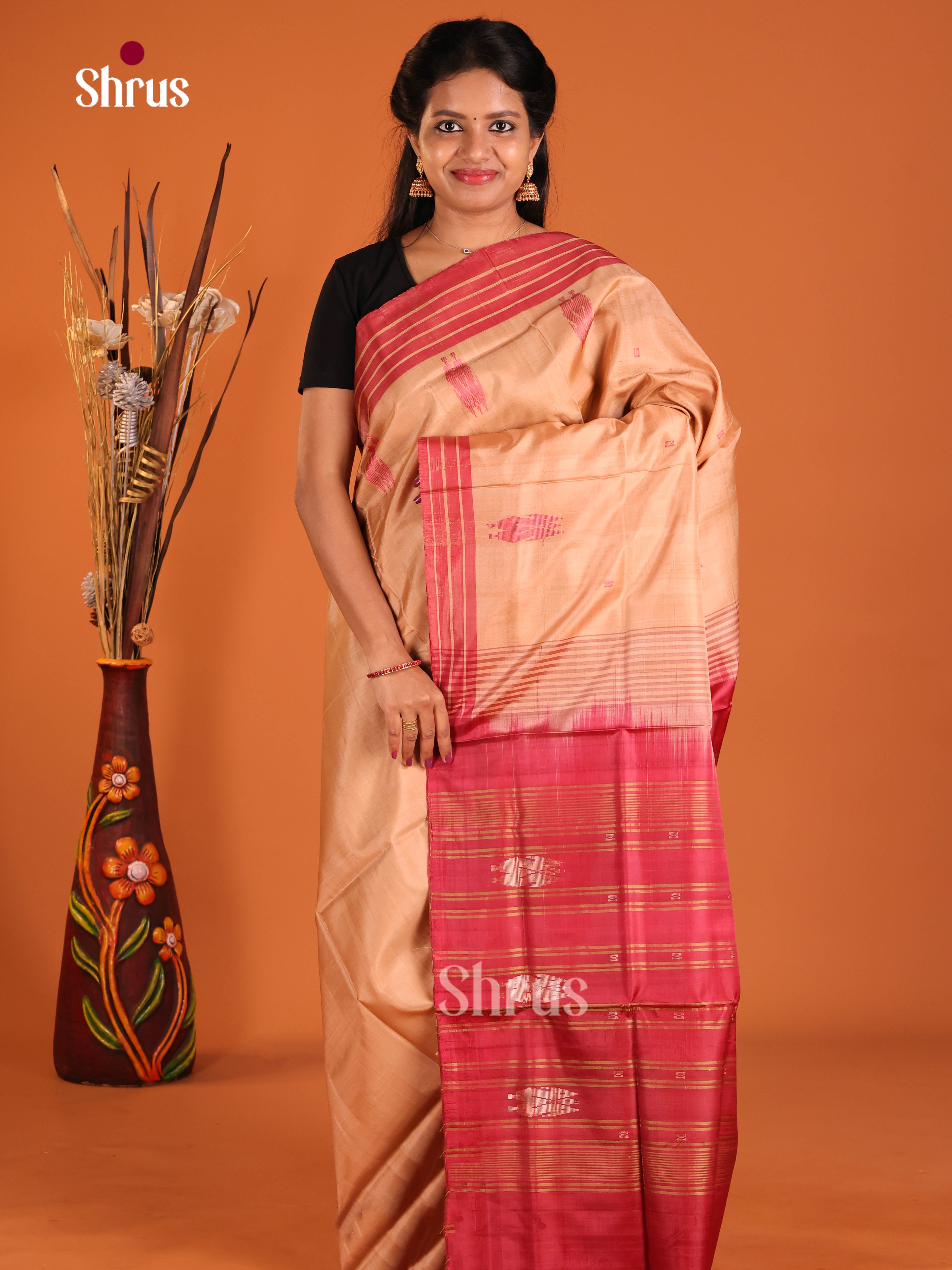 Dusty Brown & Red- Banana Pith without blouse Saree - Shop on Shrus.com