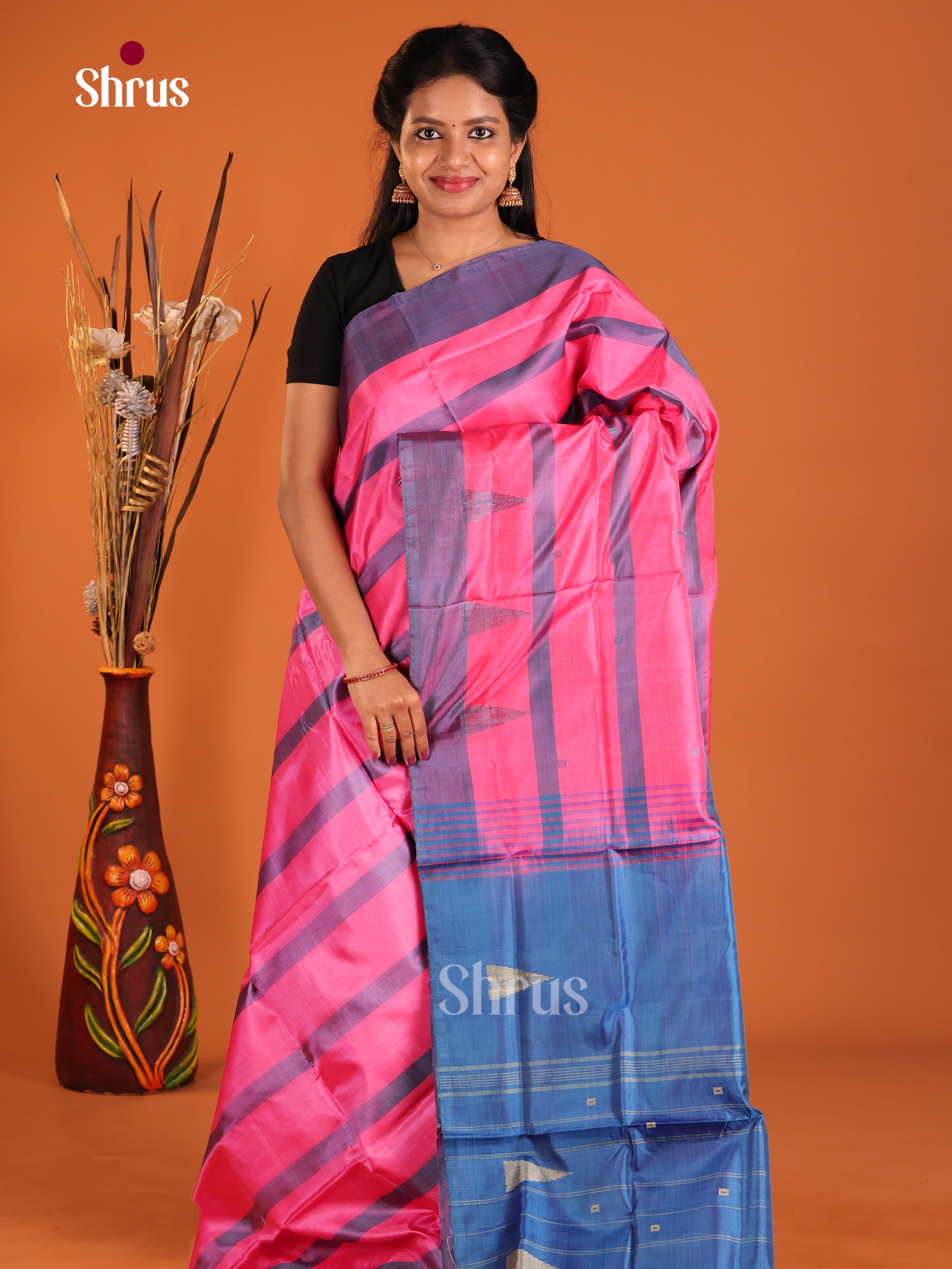 Pink & Blue - Banana Pith without blouse Saree