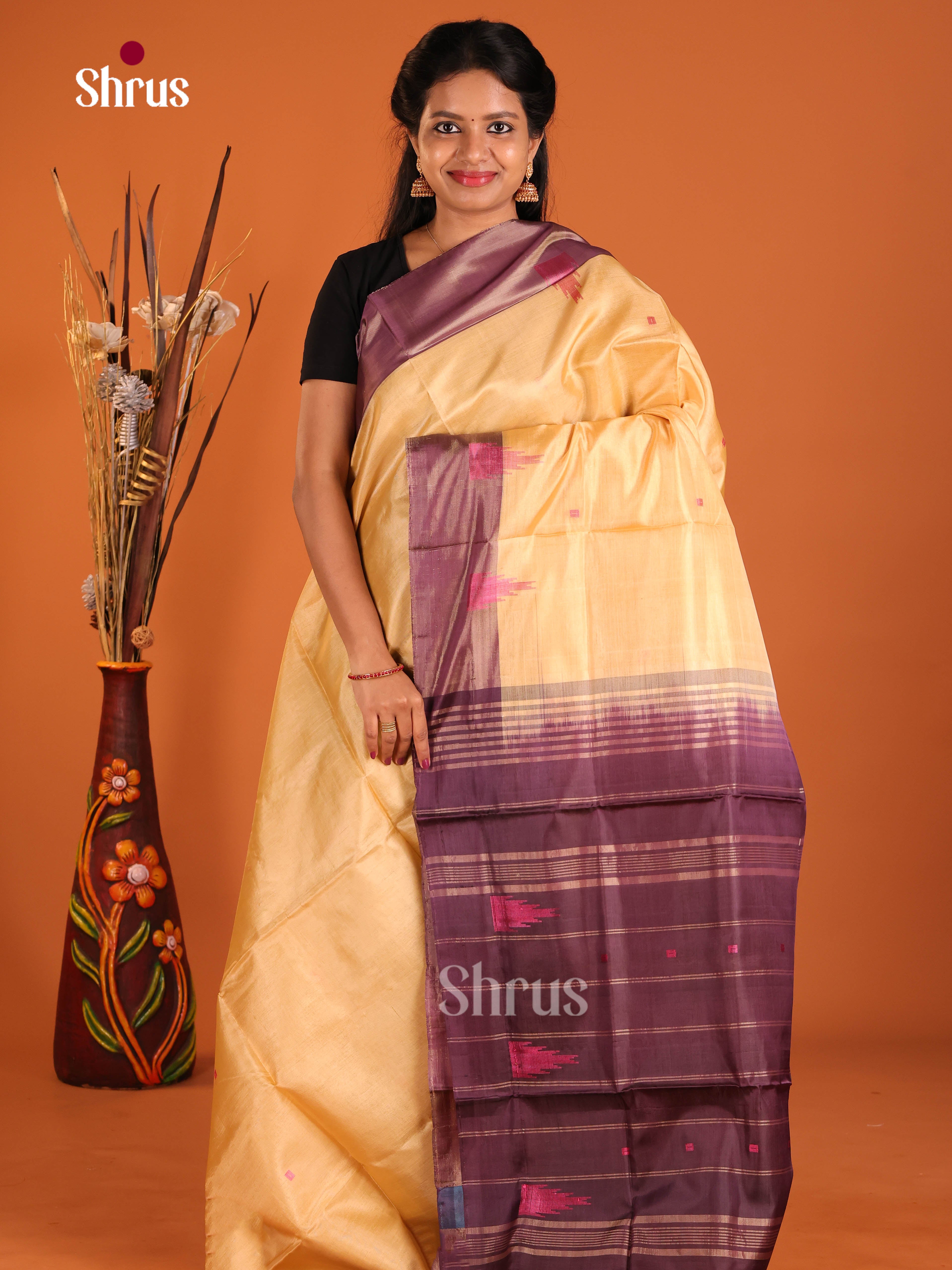 Sandal & Purple - Banana Pith without blouse Saree