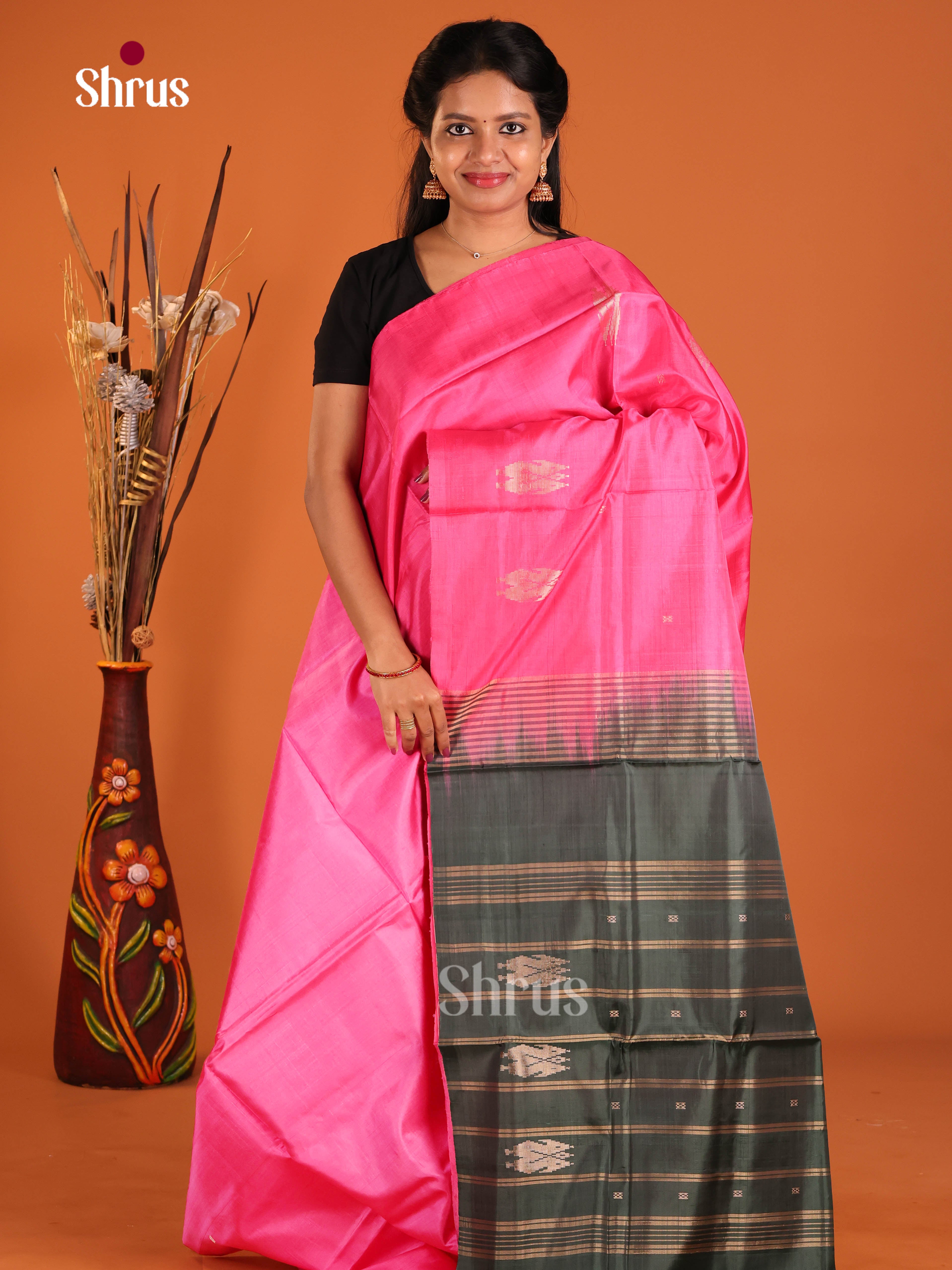 Pink & Green - Banana Pith without blouse Saree - Shop on Shrus.com