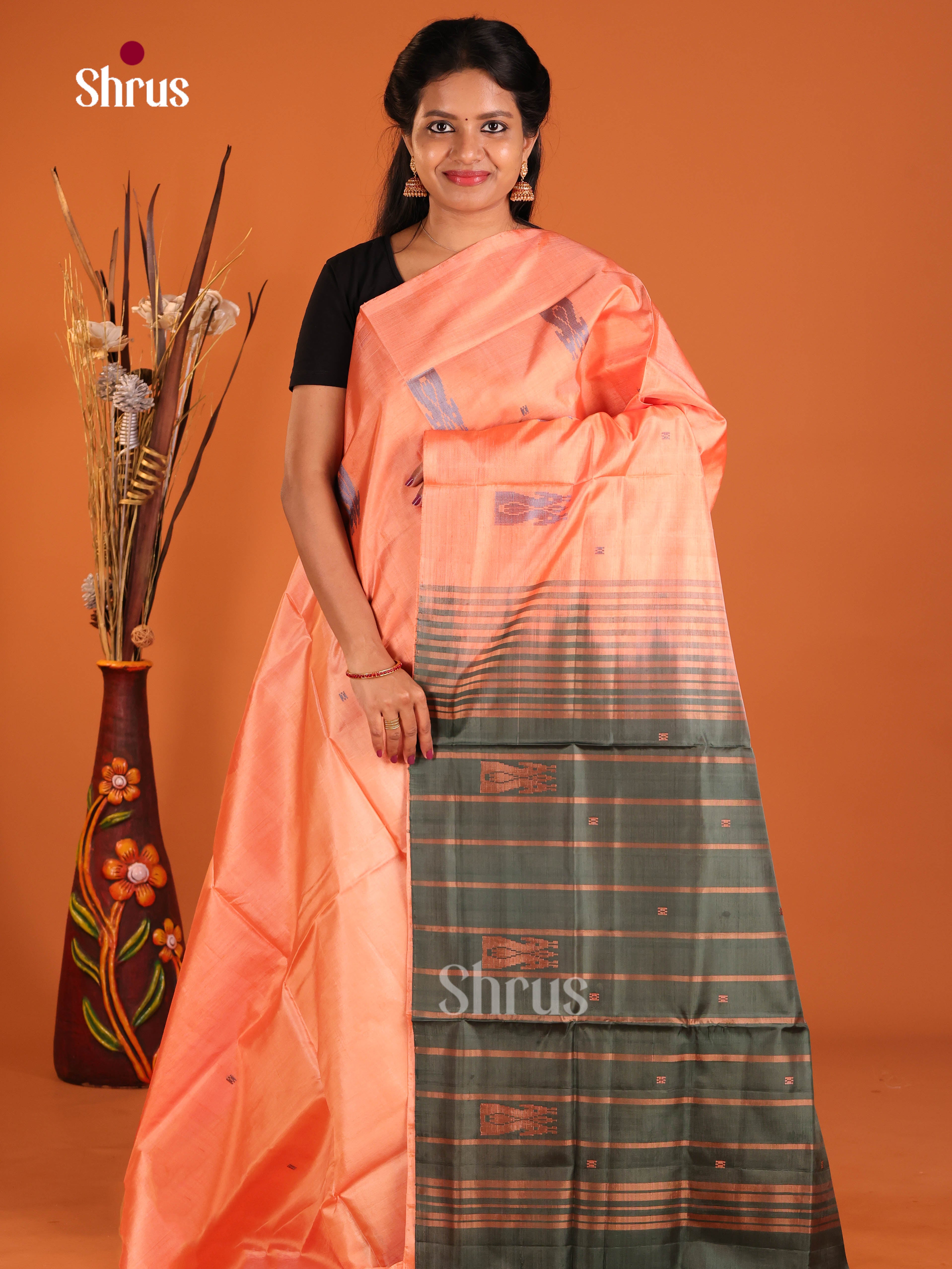 Peach & Green - Banana Pith without blouse Saree - Shop on Shrus.com