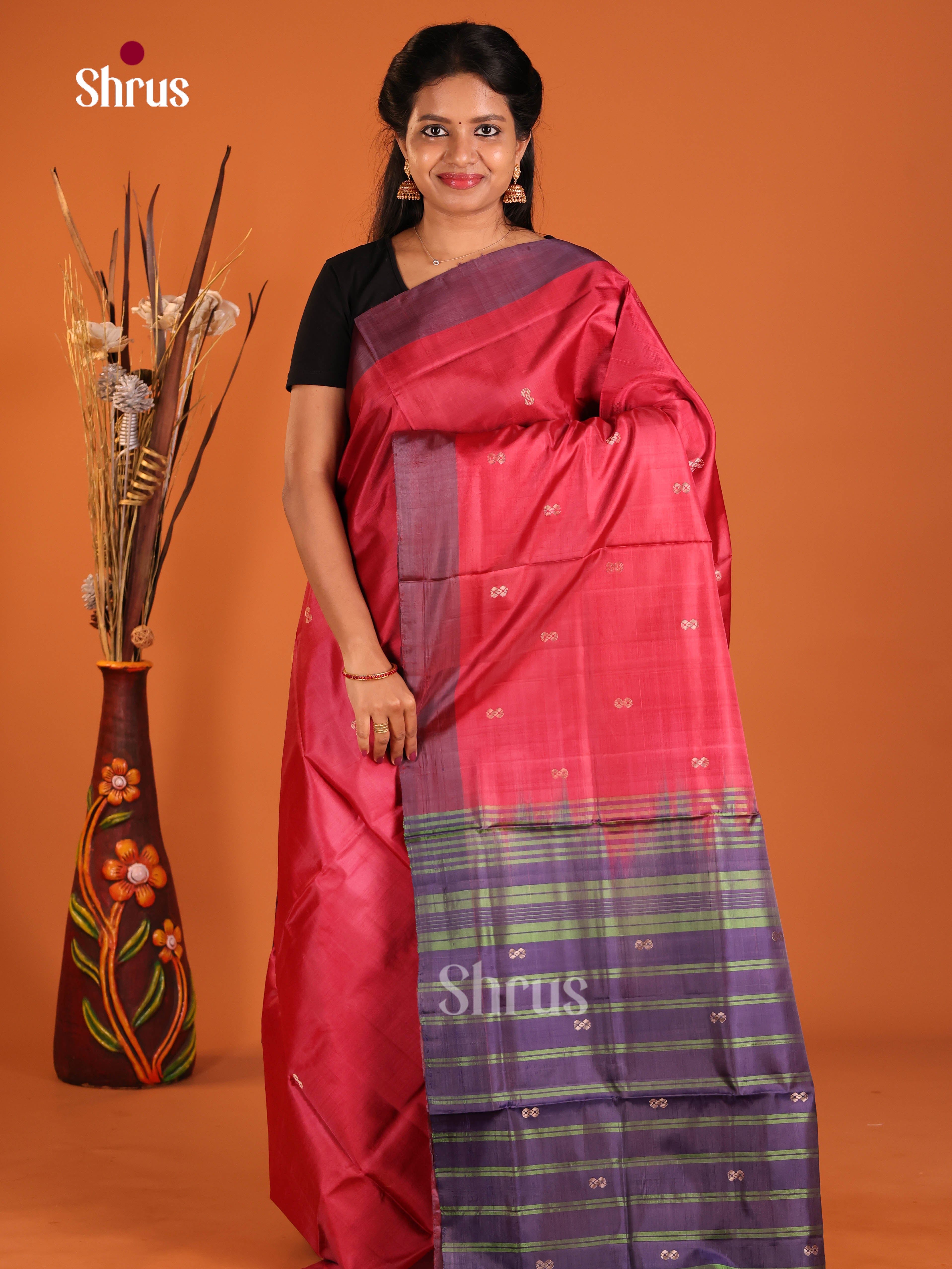 Red & Blue- Banana Pith without blouse Saree - Shop on Shrus.com