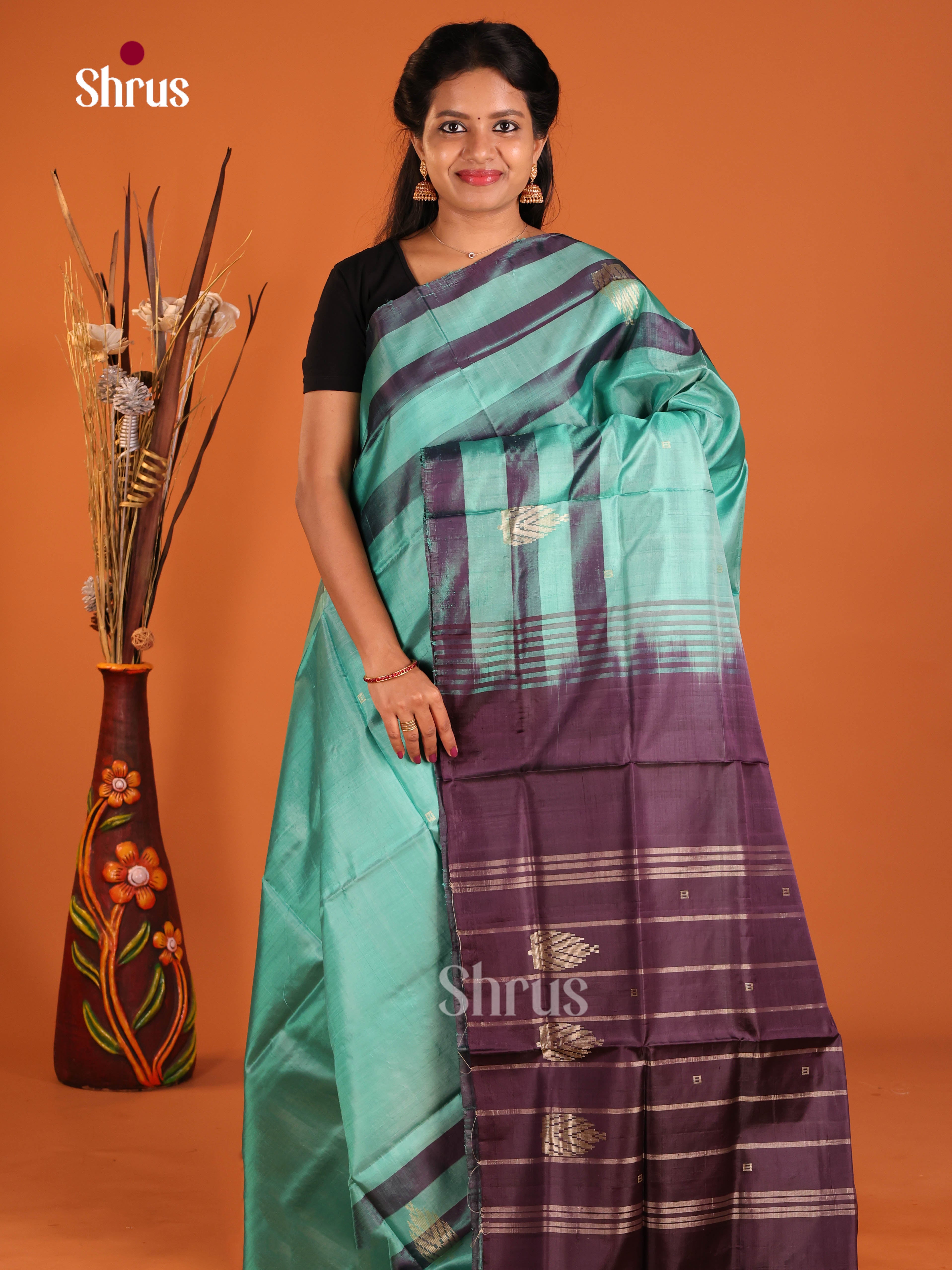 Pastel Green & Purple- Banana Pith without blouse Saree - Shop on Shrus.com