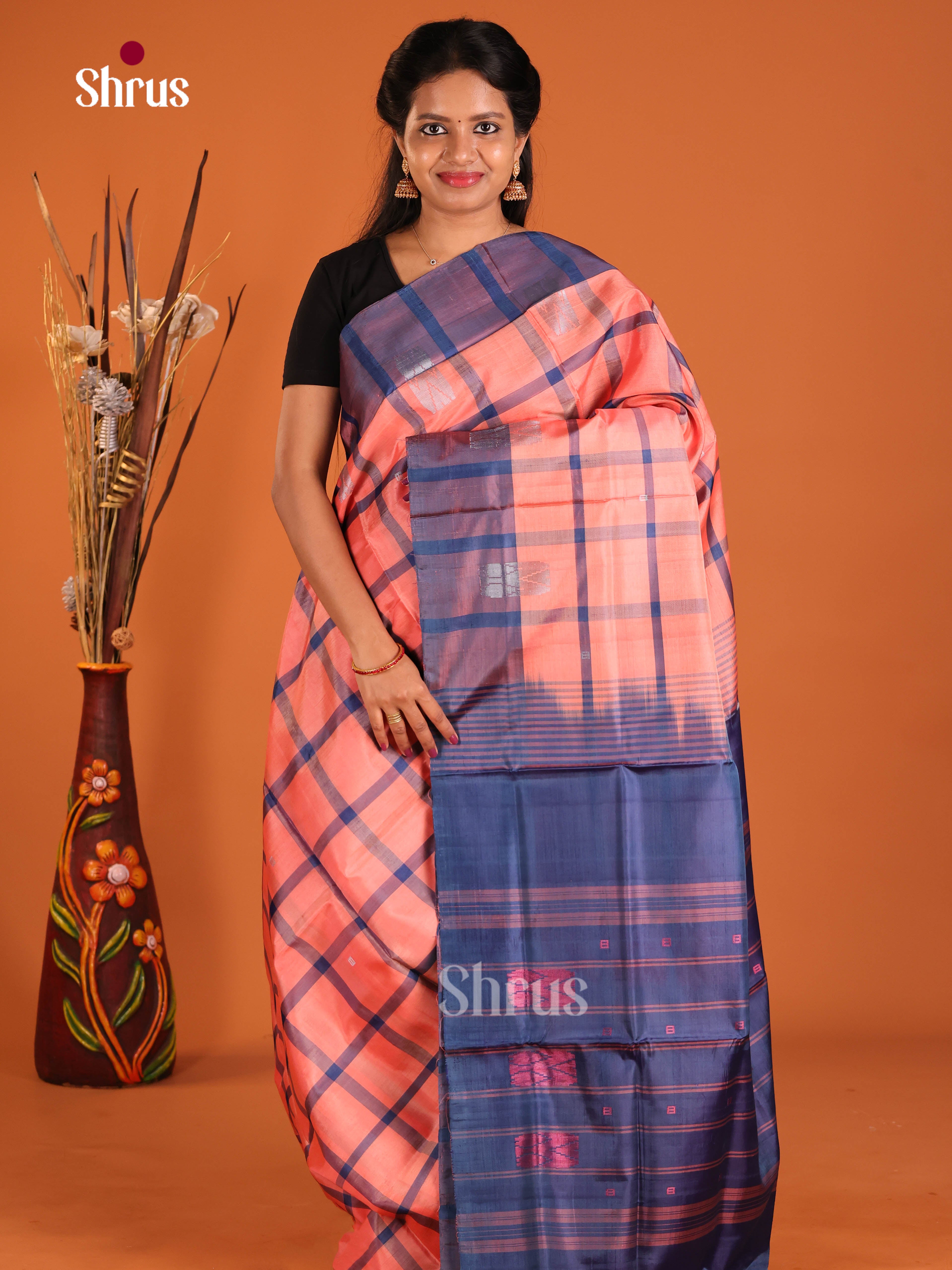 Pink & Blue - Banana Pith without blouse Saree - Shop on Shrus.com