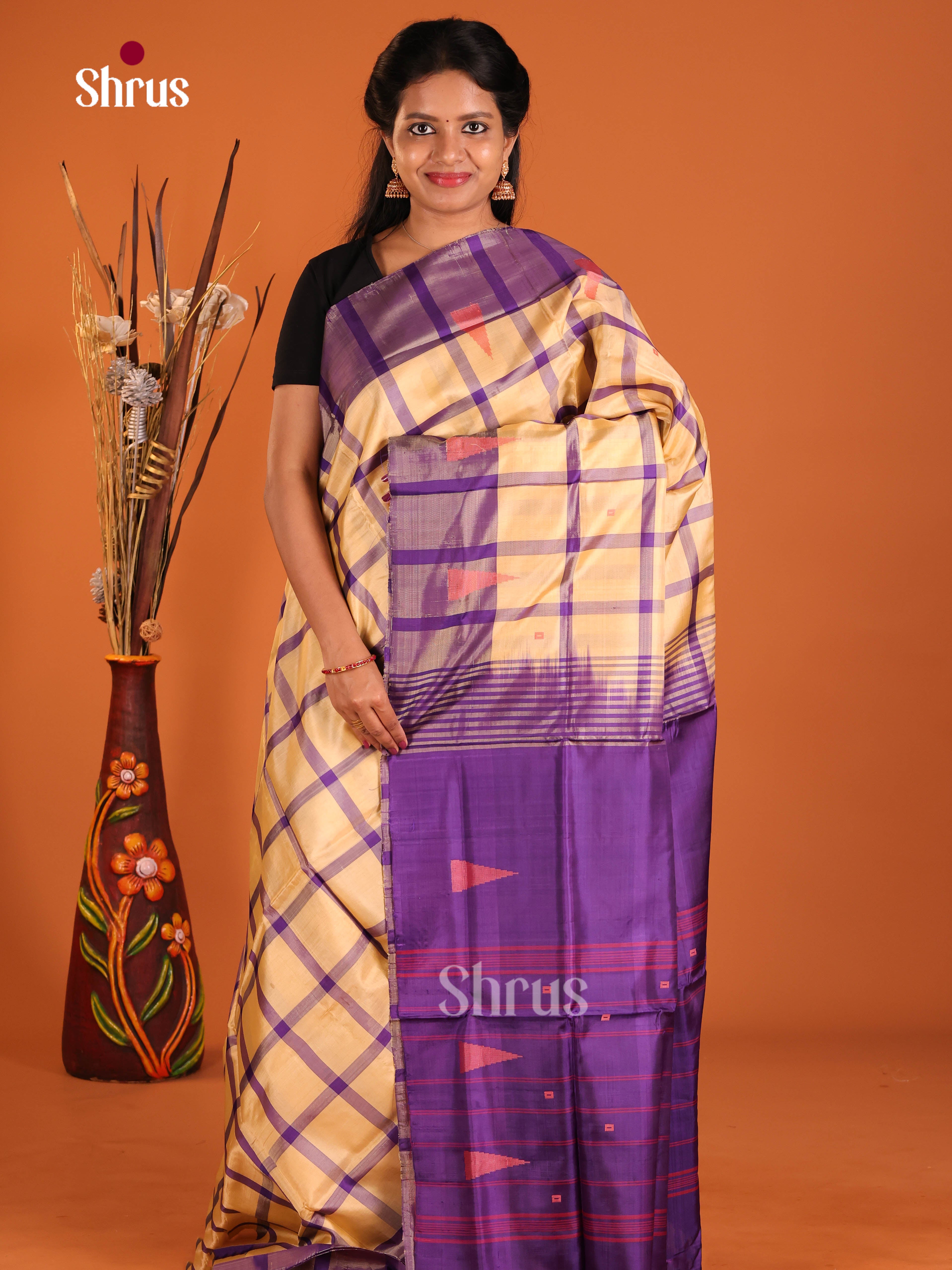 Cream & Blue - Banana Pith without blouse Saree