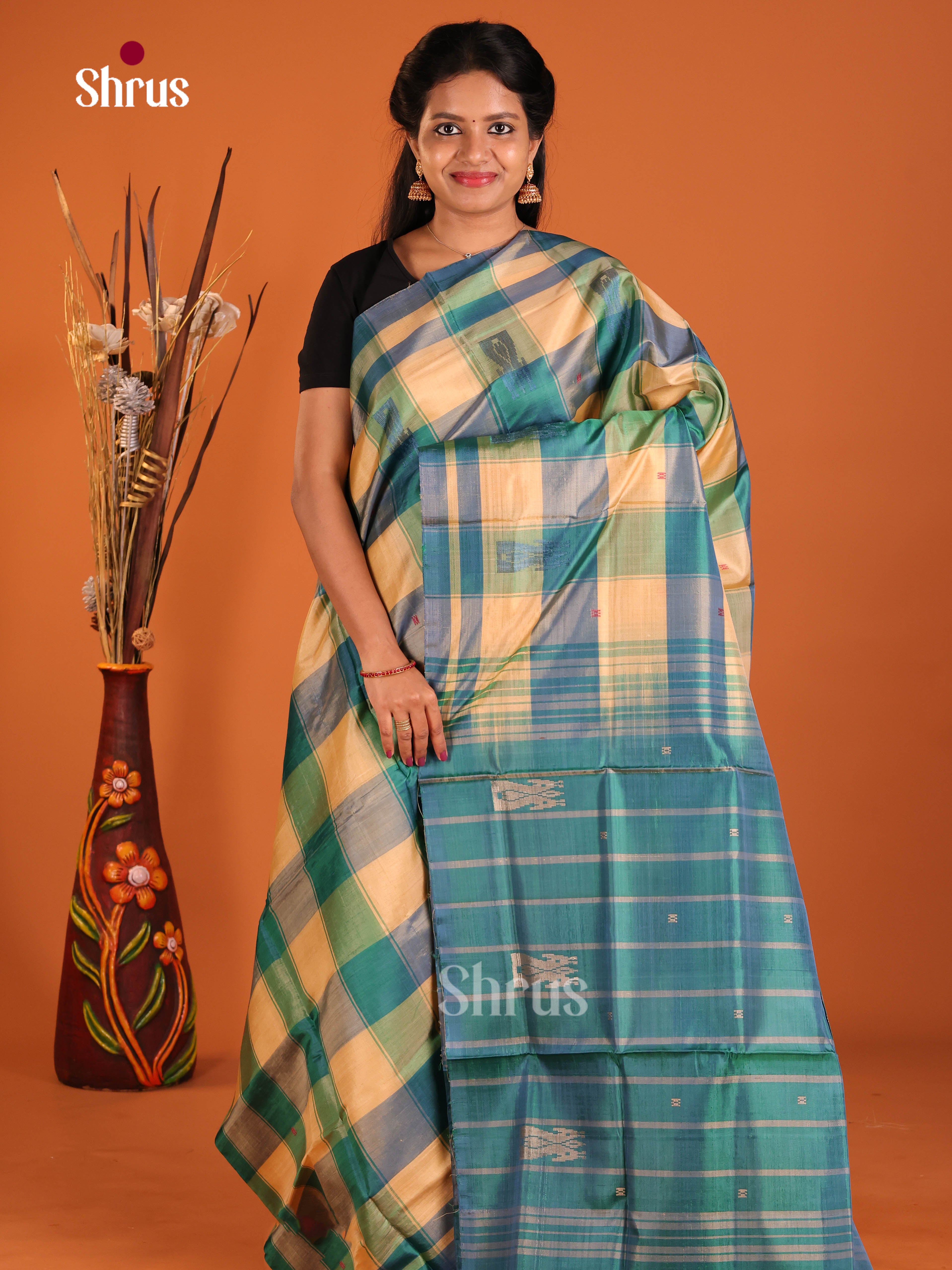 Peach & Green - Banana Pith without blouse Saree - Shop on Shrus.com