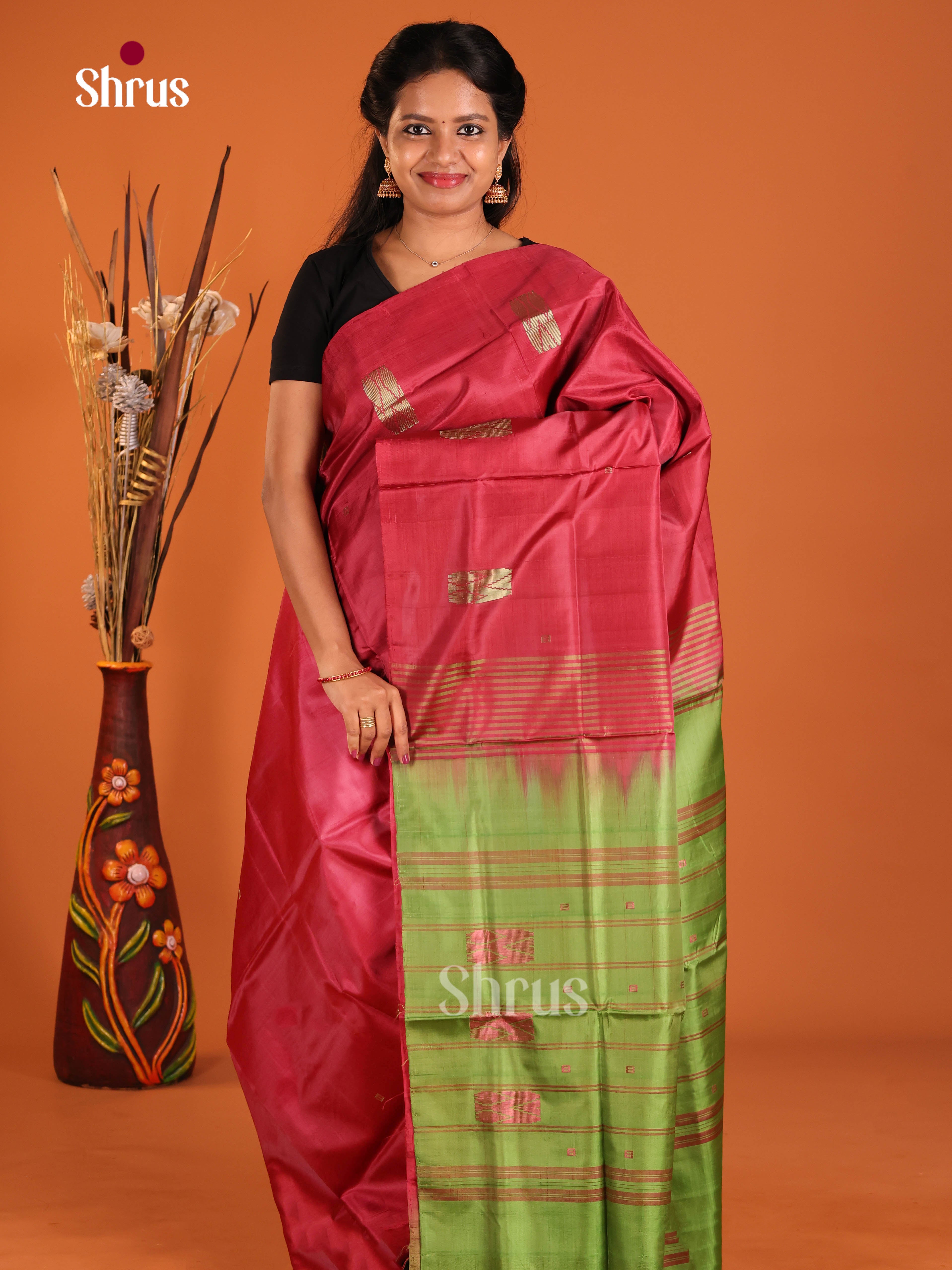 Red & Green- Banana Pith without blouse Saree - Shop on Shrus.com