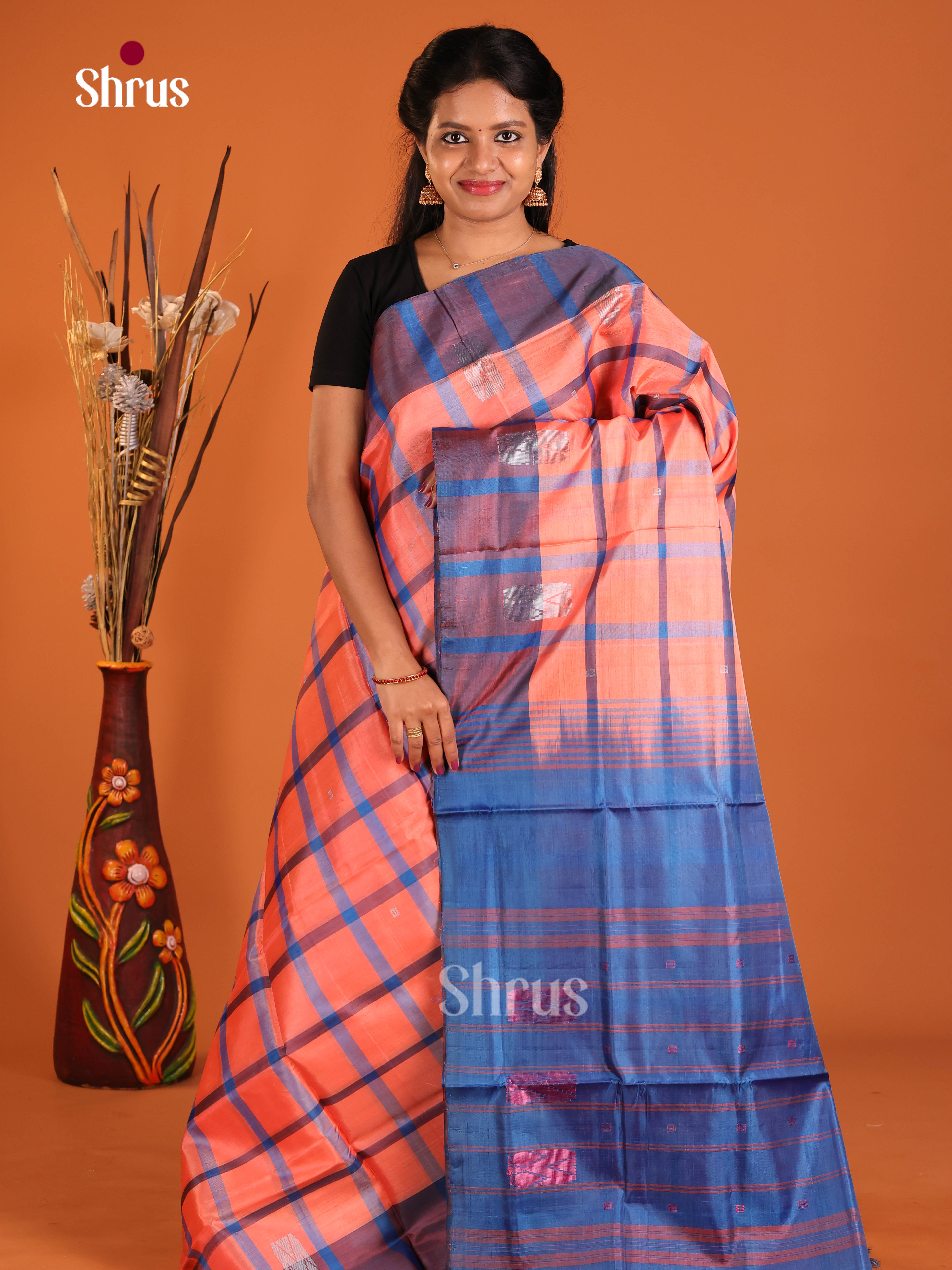 Peachish Pink & Blue - Banana Pith without blouse Saree