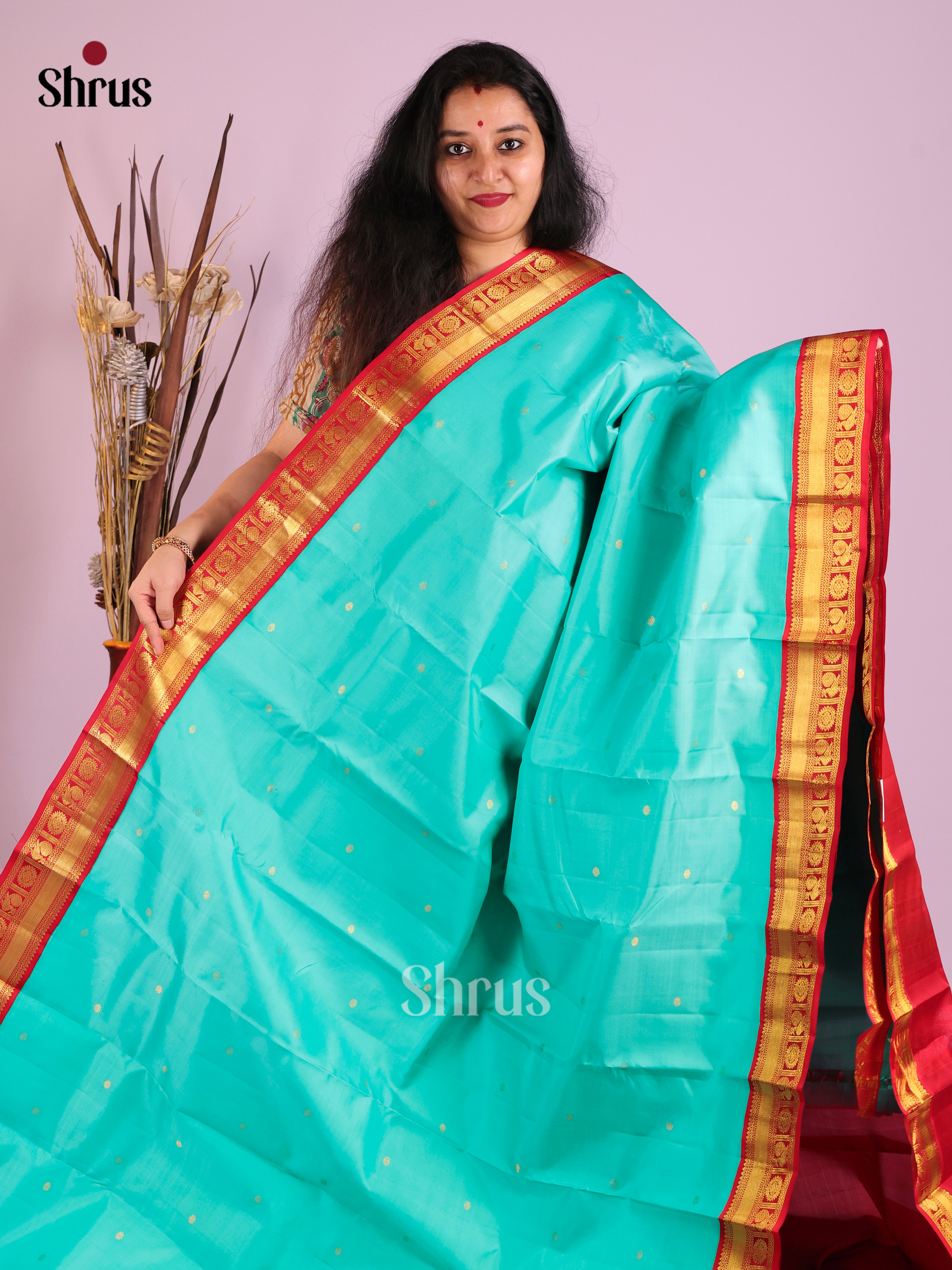 Luxurious Rama Blue Kanjivaram Saree with Golden Buttas & rich Red zari brocade pallu 1