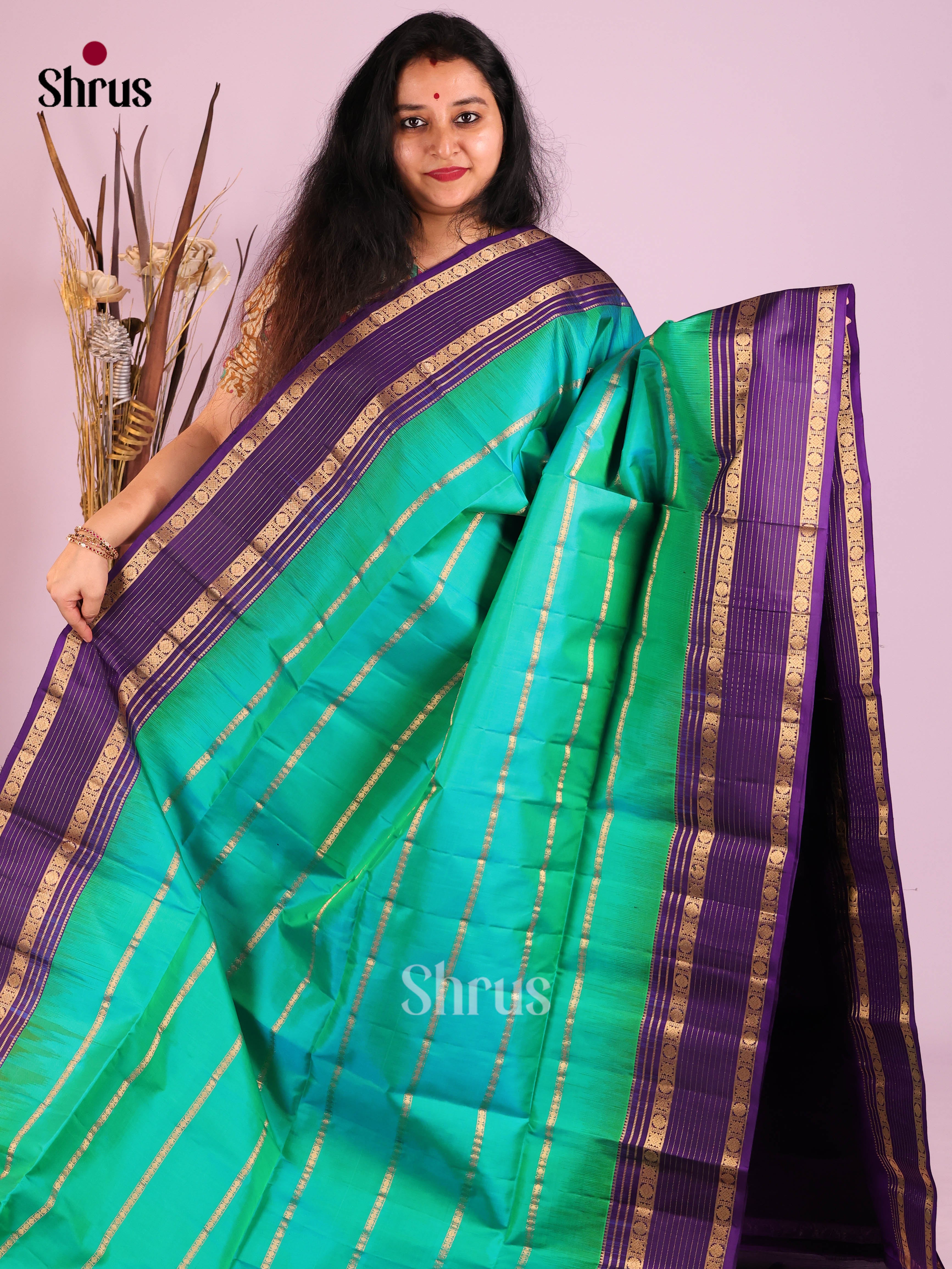 Classic Green & violet Soft Silk Saree with zari stripes, rettaipet border