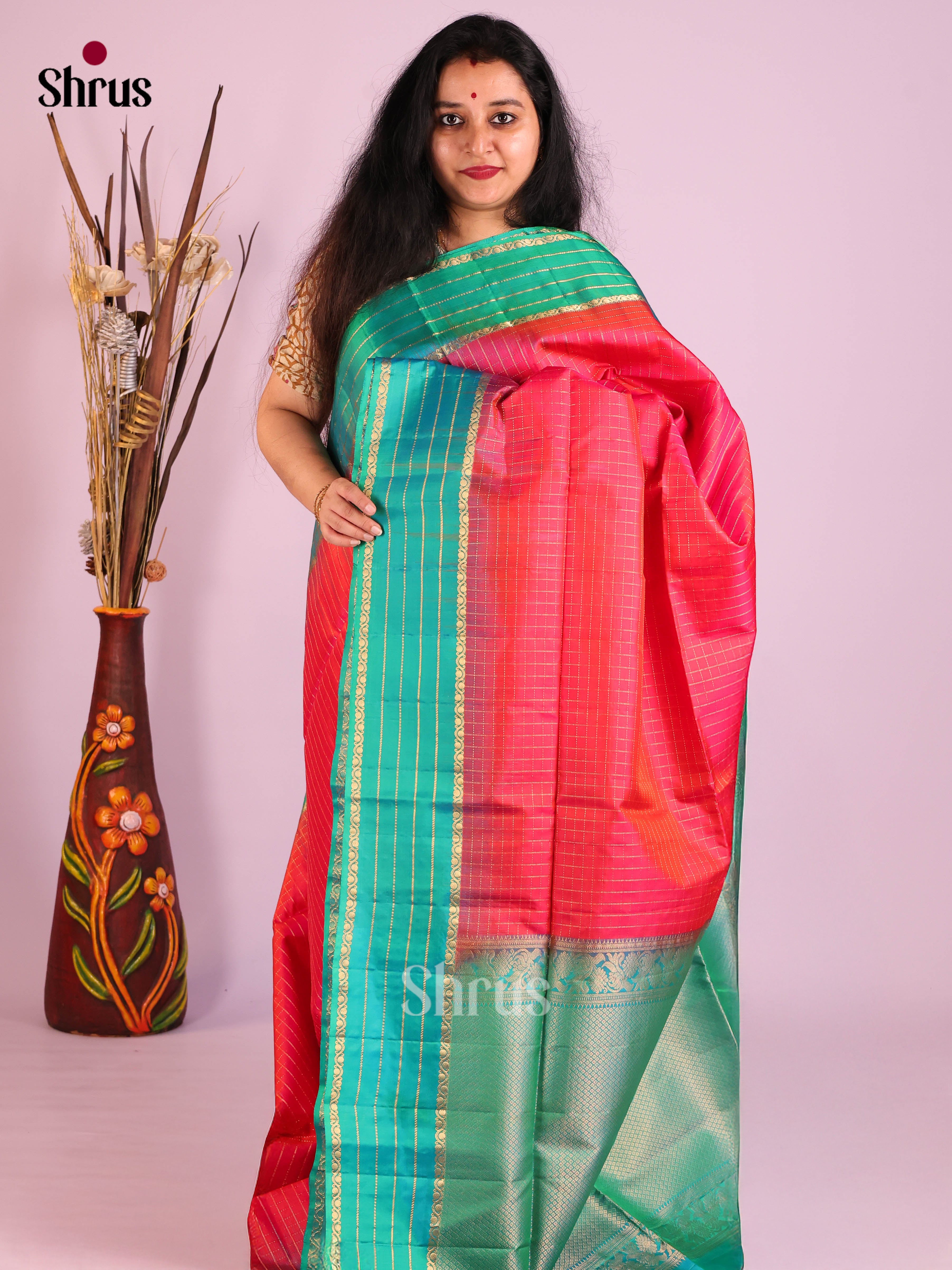 Beautiful Orangish Pink Soft Silk Saree with zari checks & Green Brocade Pallu