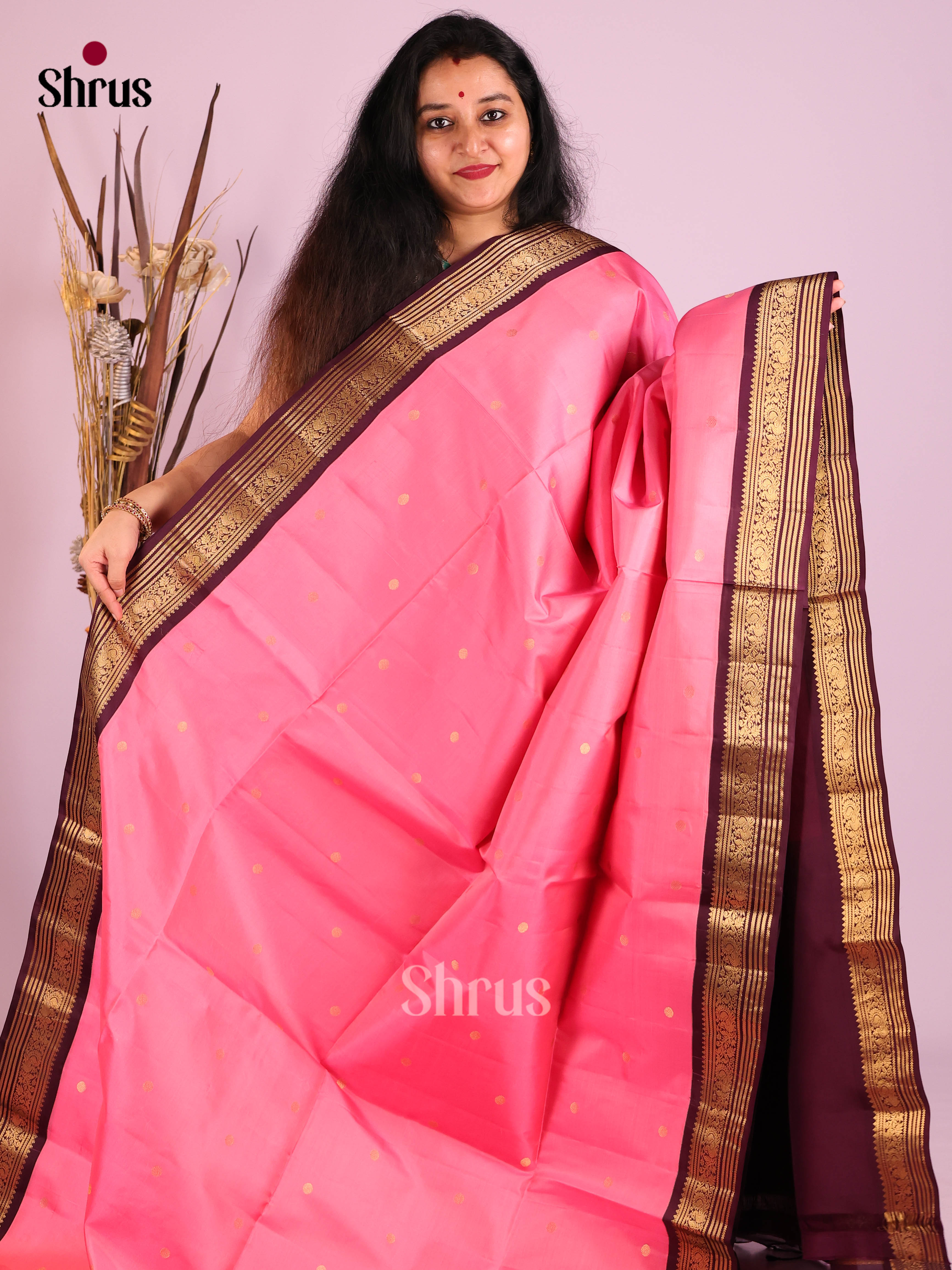 Charming Pink Soft Silk Saree with gold buttas & Maroon Brocade Border 1