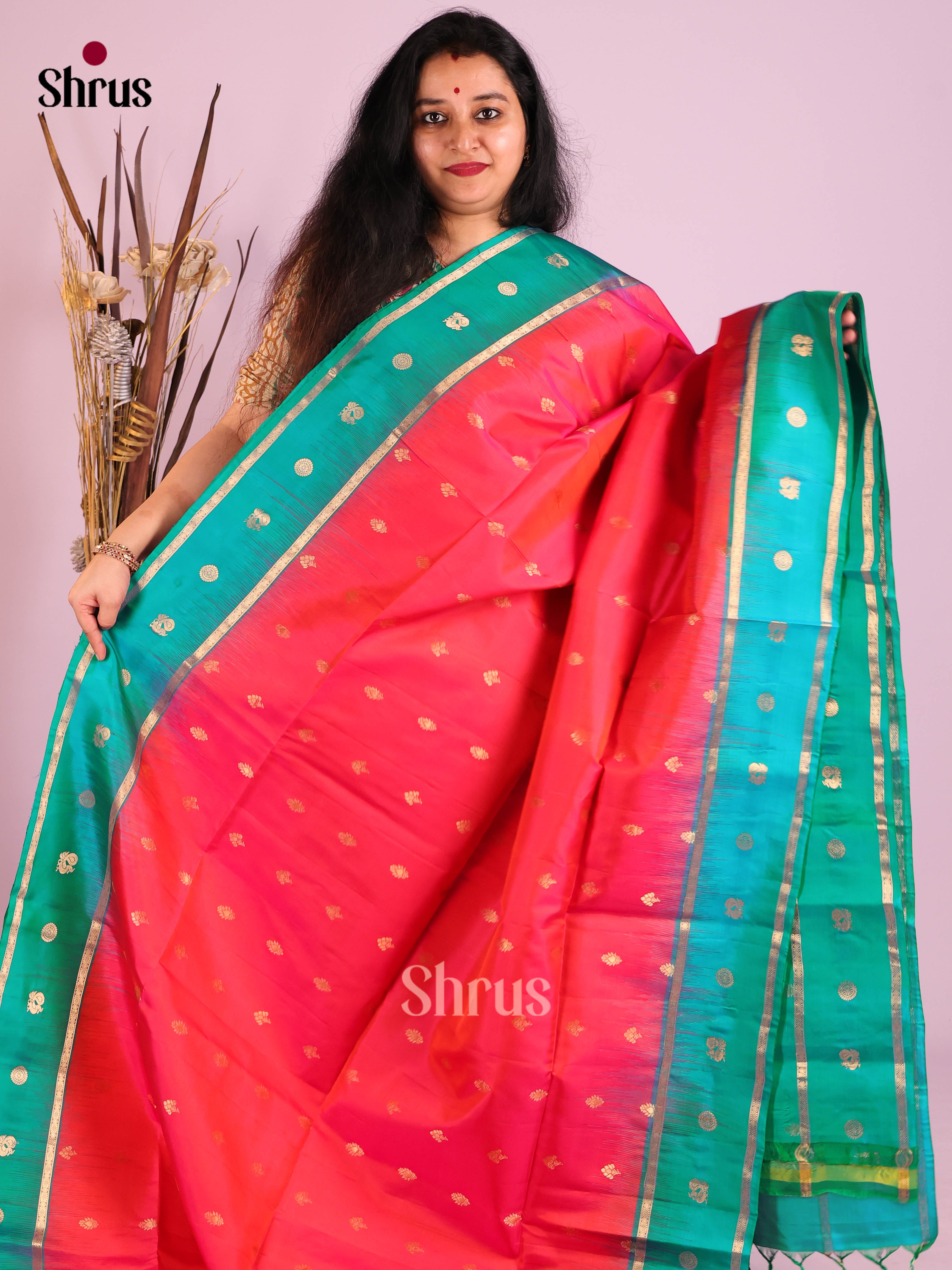 Radiant Orangish Pink Soft Silk Saree with gold floral buttas & Teal Rettaipet Zari Border 1