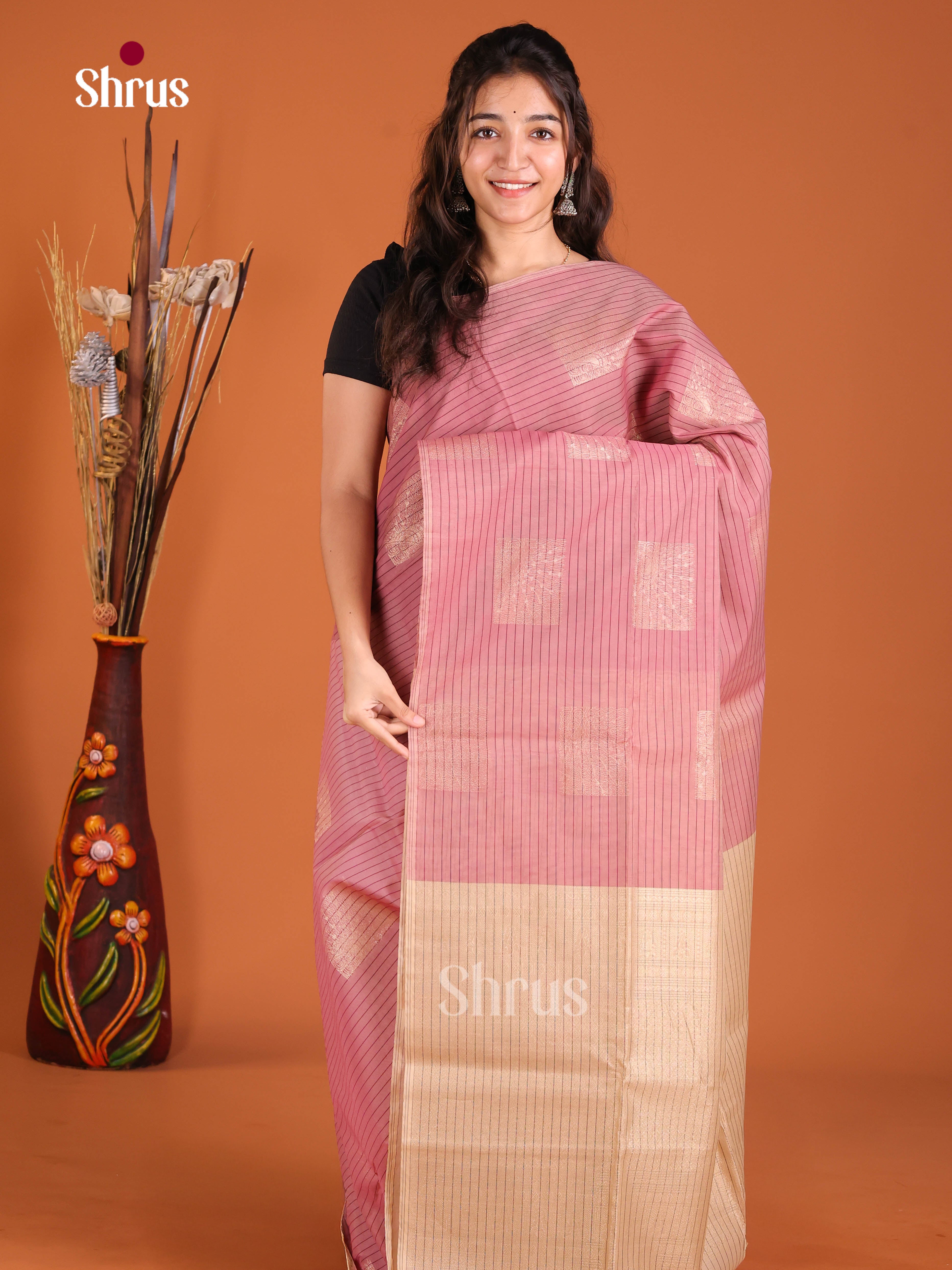 Pink & Beige - Semi Silkcotton Saree - Shop on Shrus.com