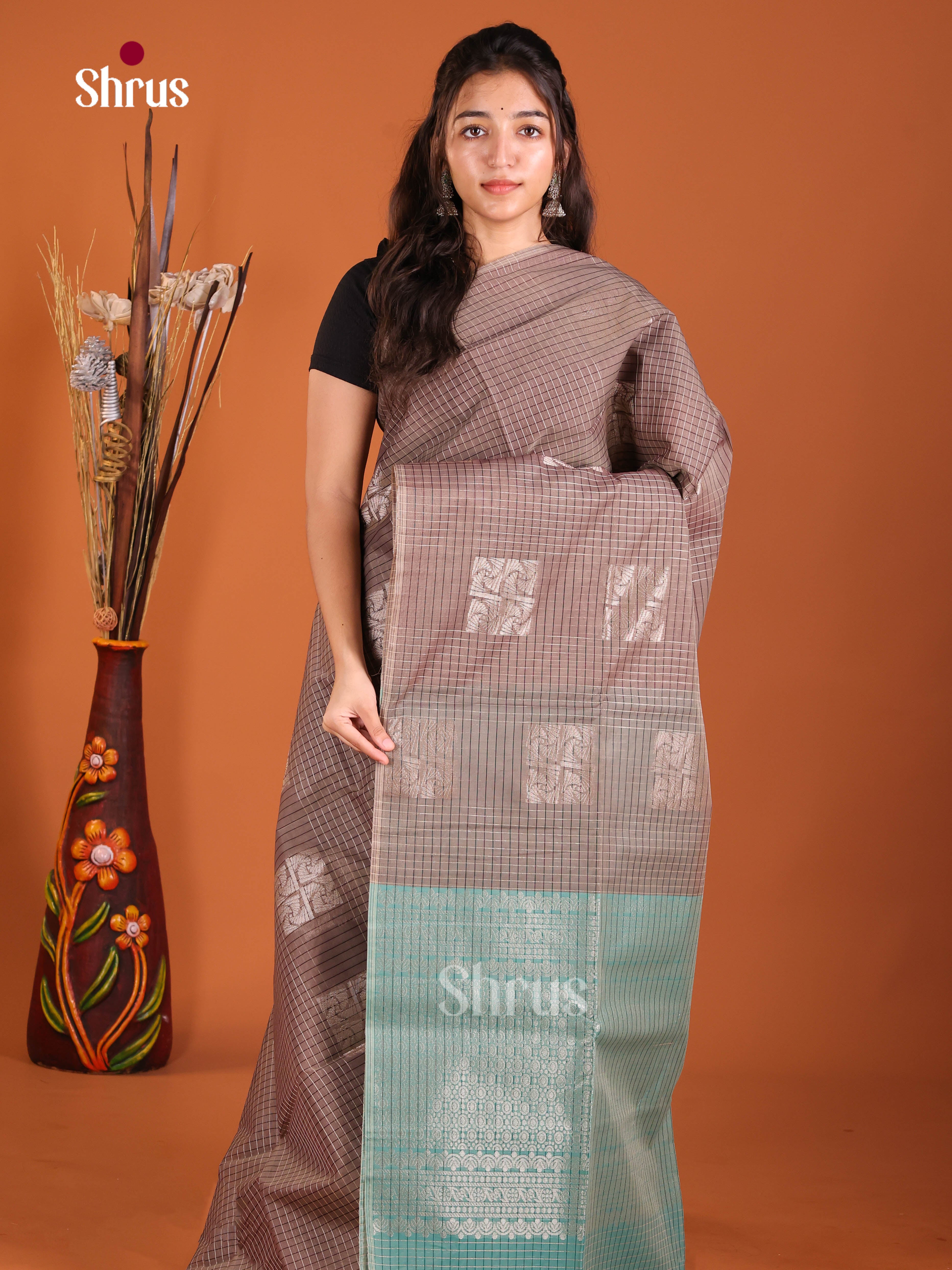 Grey & Teal - Semi Silkcotton Saree - Shop on Shrus.com
