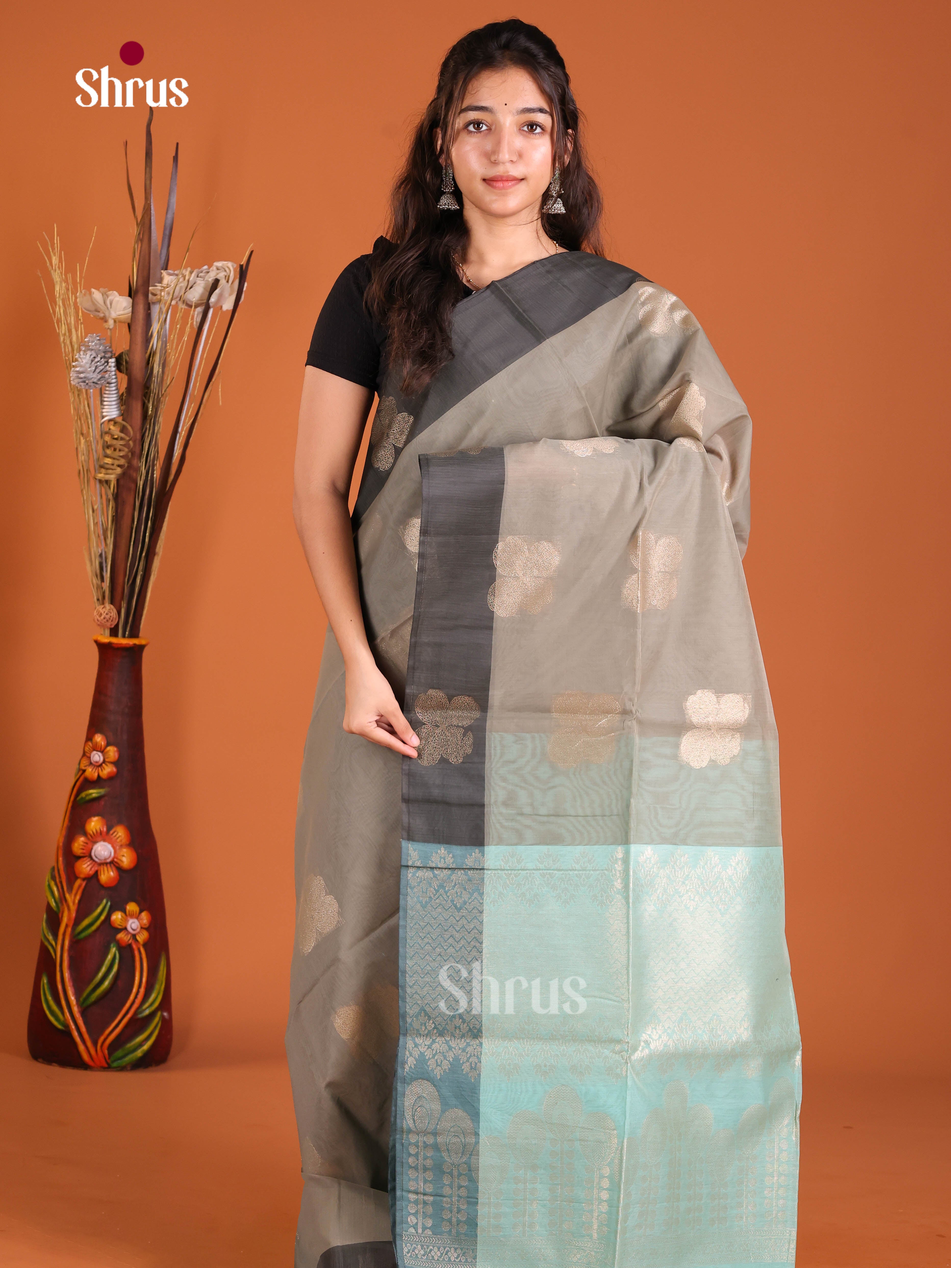 Grey & Pastel Blue - Semi Silkcotton Saree - Shop on Shrus.com