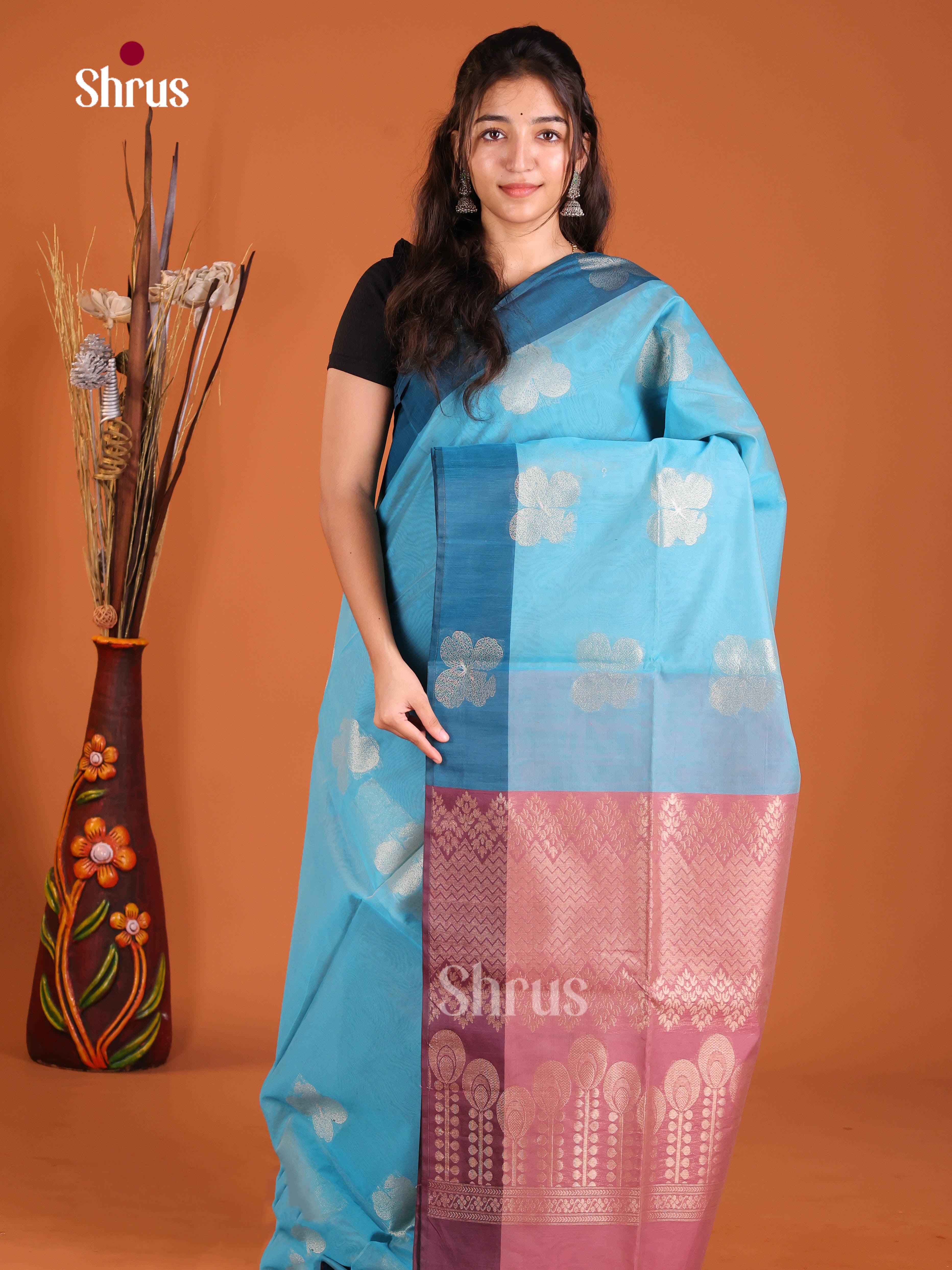 Blue & Pink - Semi Silkcotton Saree