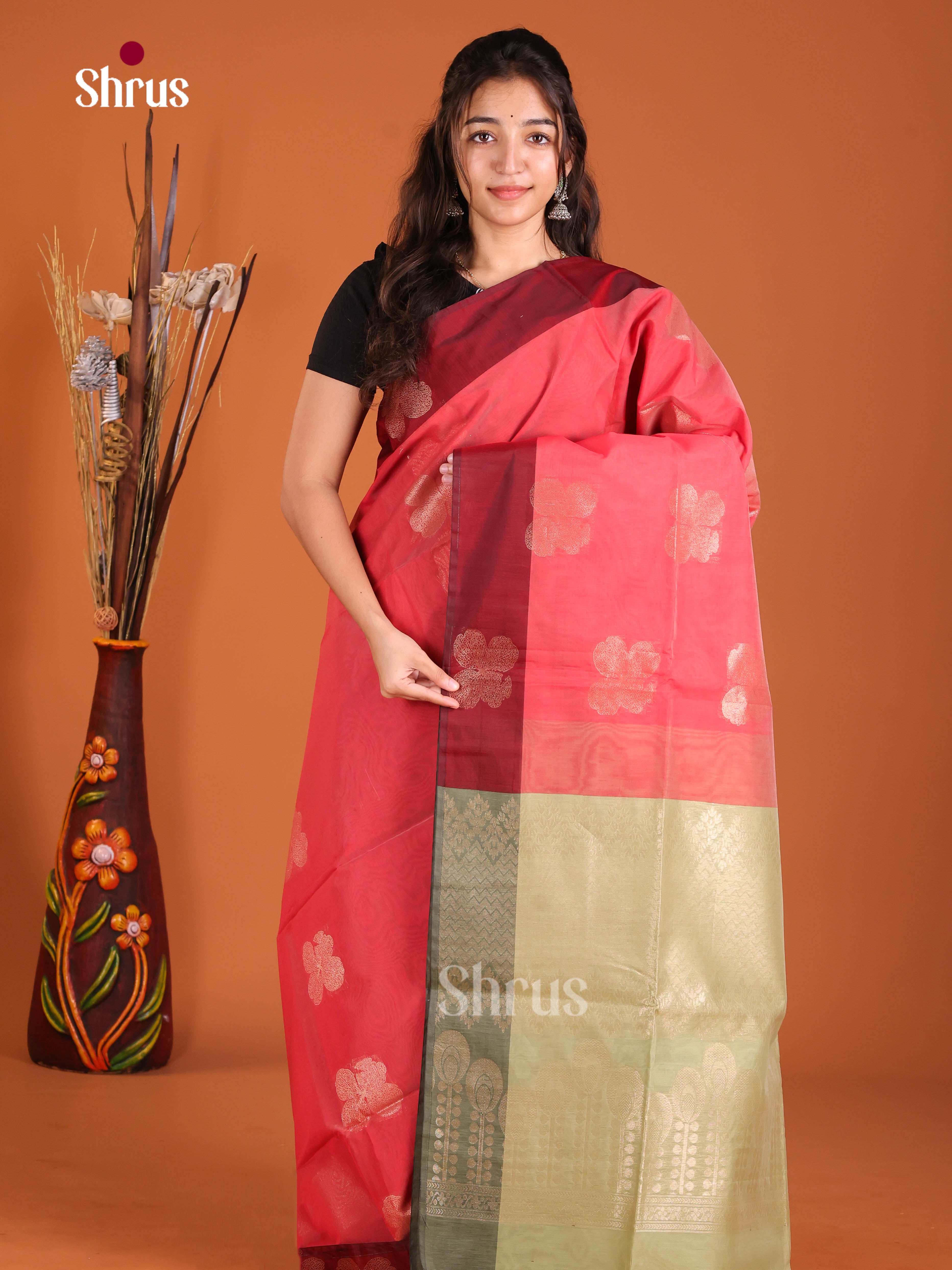 Pink & Green - Semi Silkcotton Saree