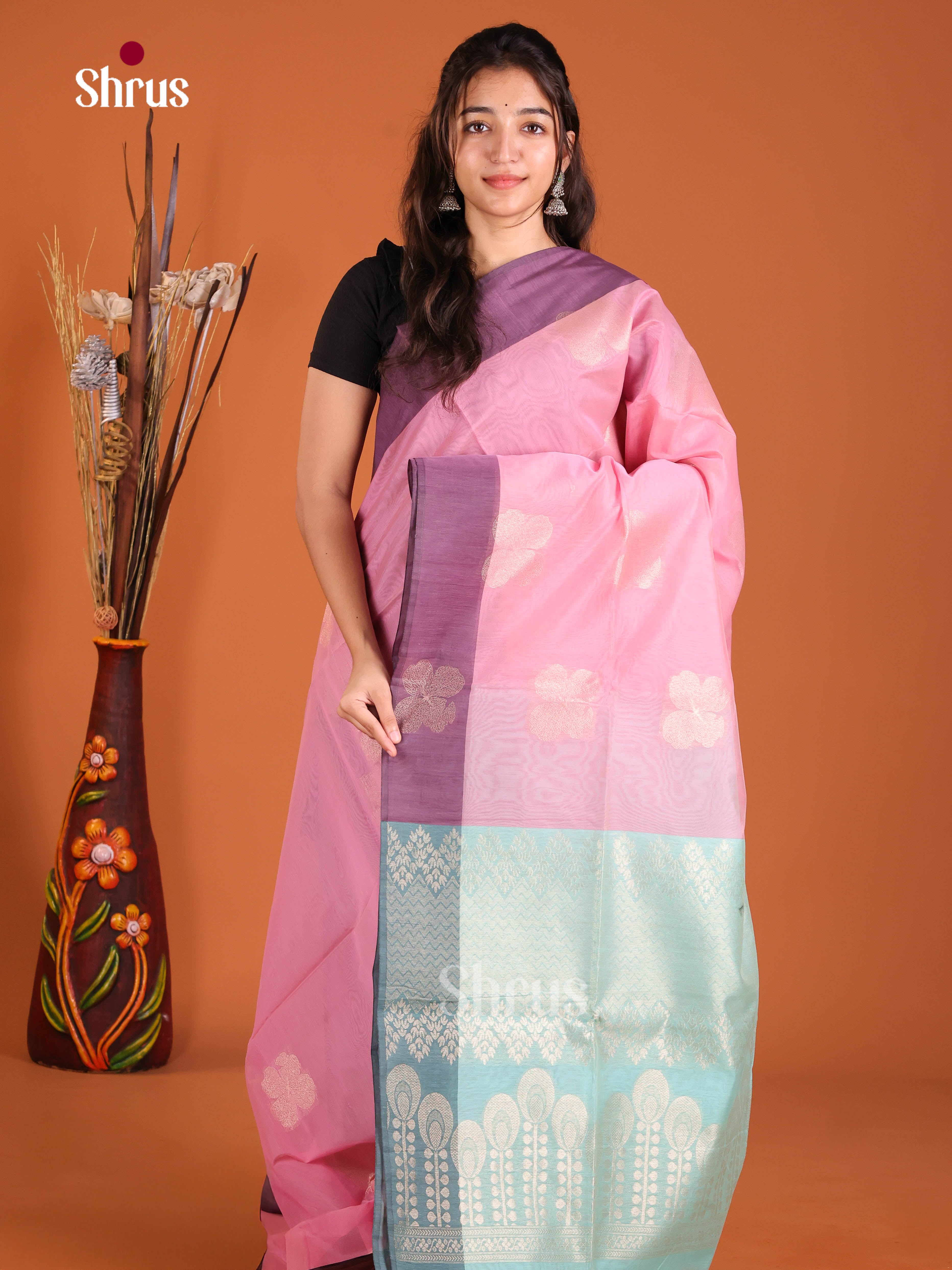 Pink & Pastel Blue - Semi Silkcotton Saree - Shop on Shrus.com