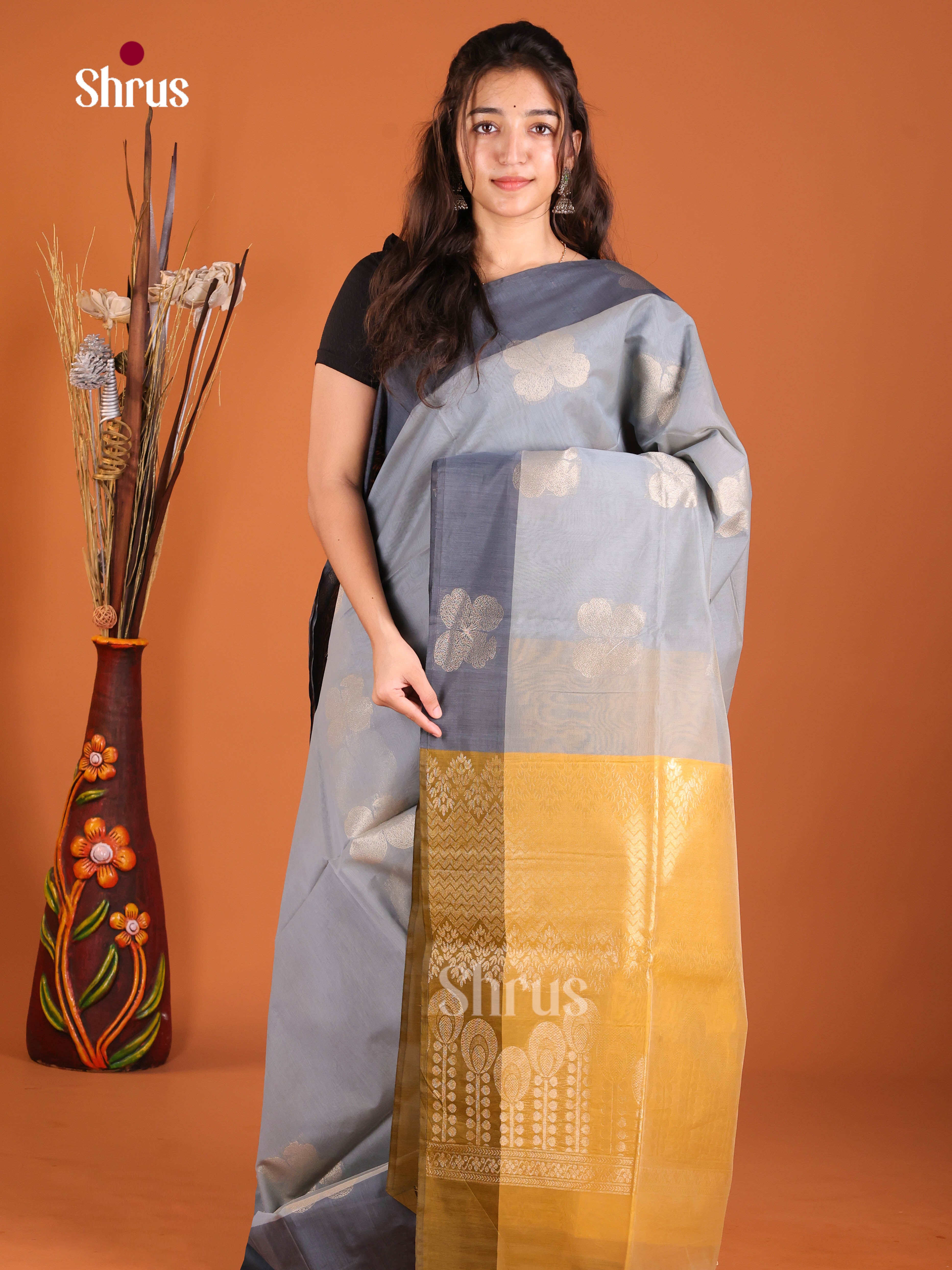 Grey & Mustard - Semi Silkcotton Saree