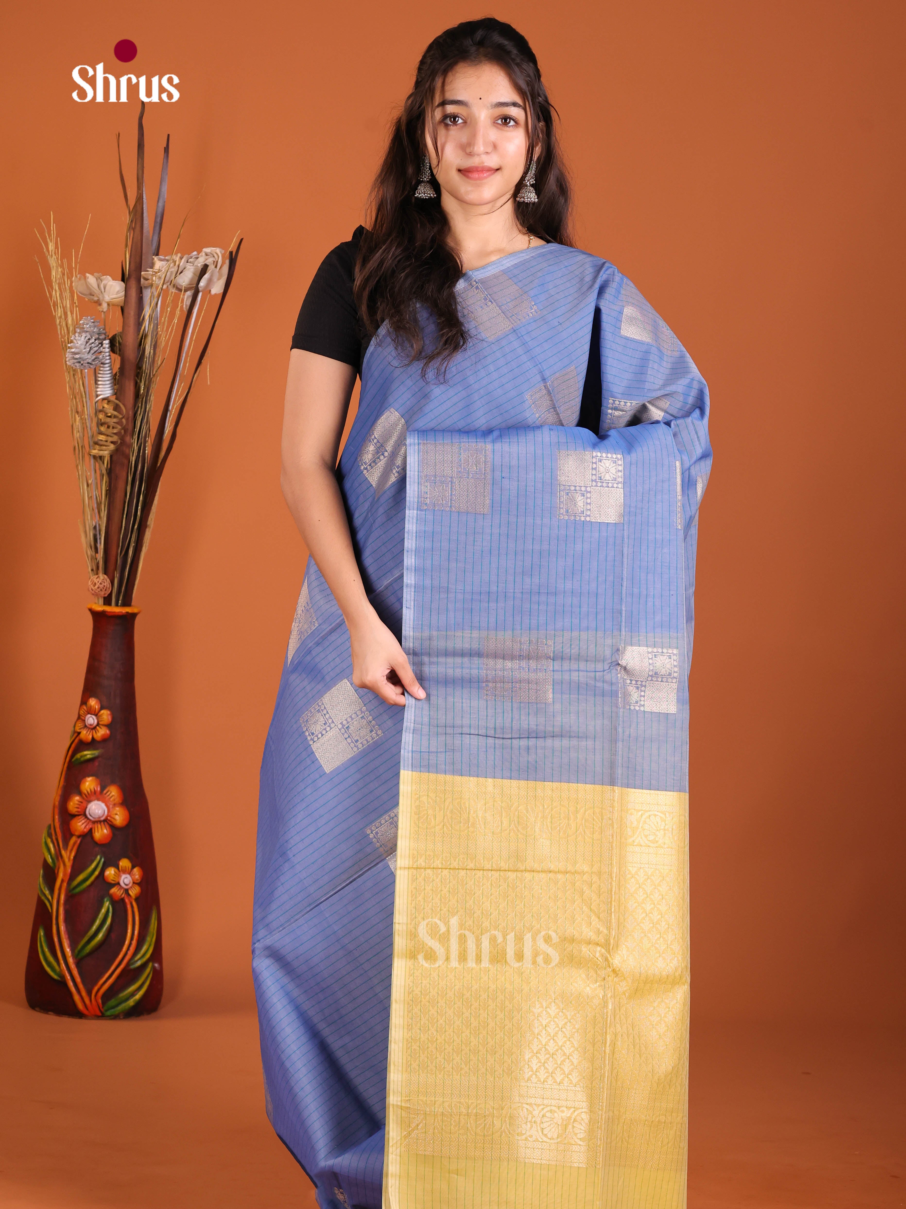 Blue & Mustard - Semi Silkcotton Saree