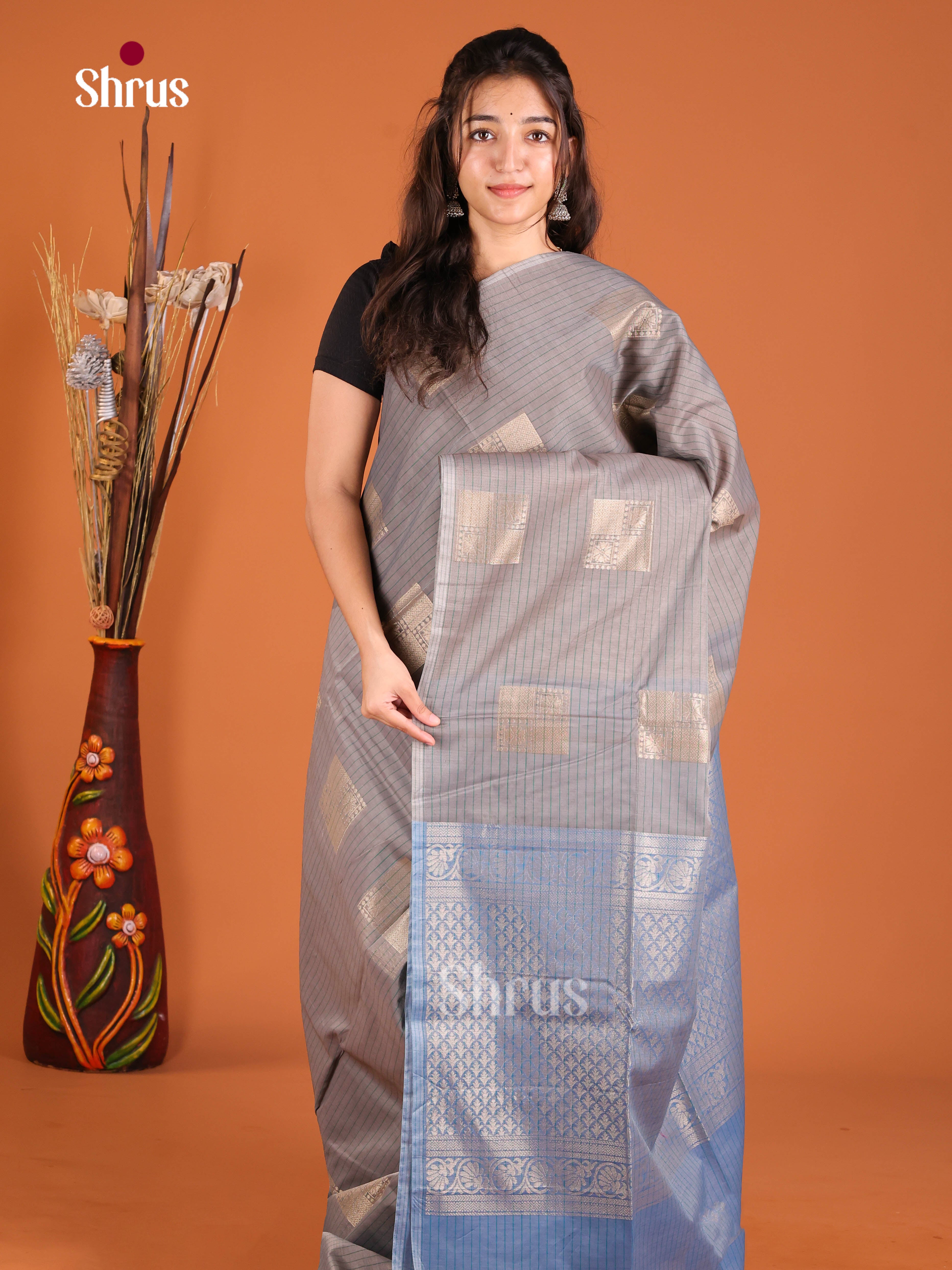 Grey & Blue - Semi Silkcotton Saree