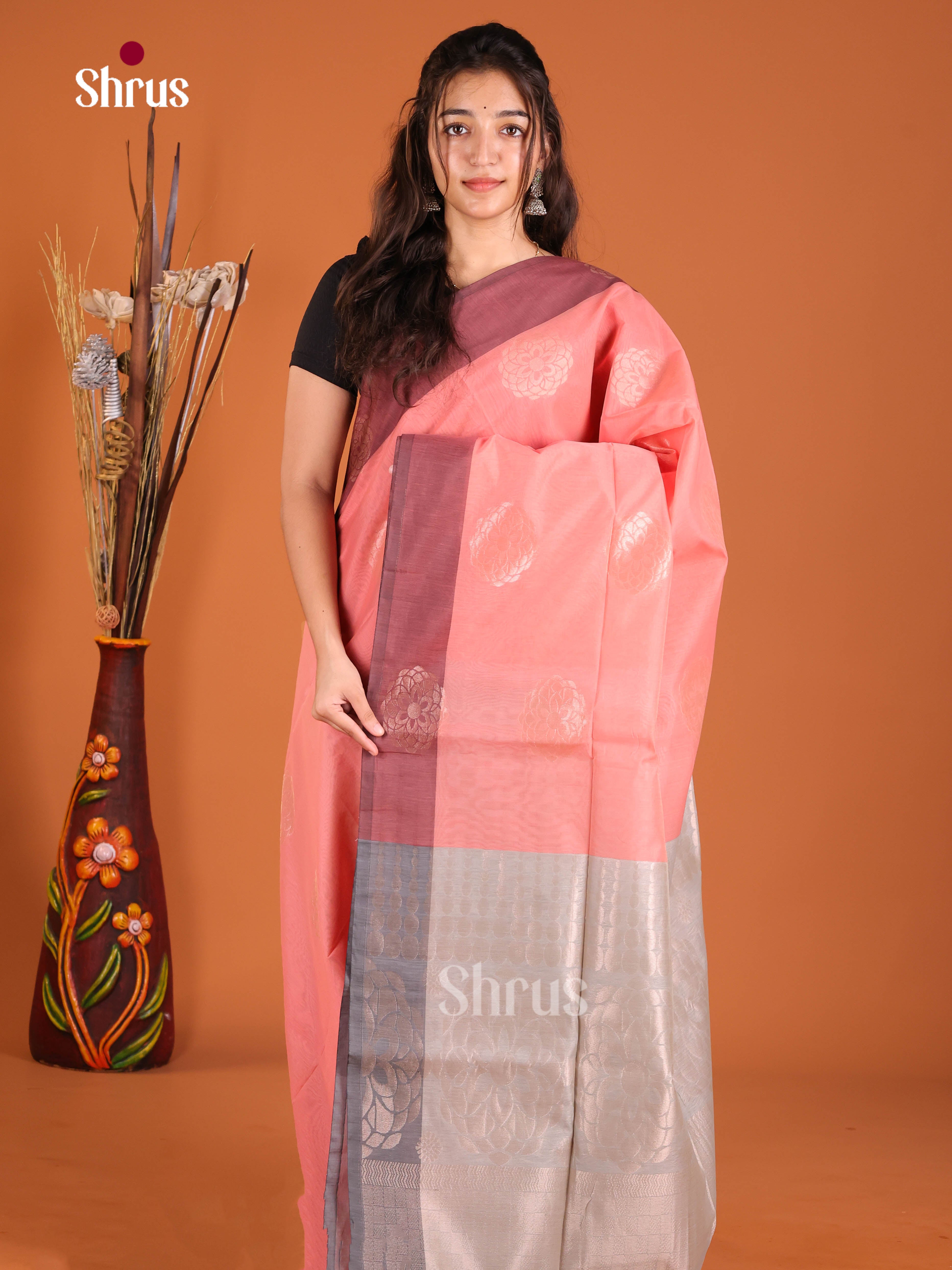 Pink & Grey - Semi Silkcotton Saree