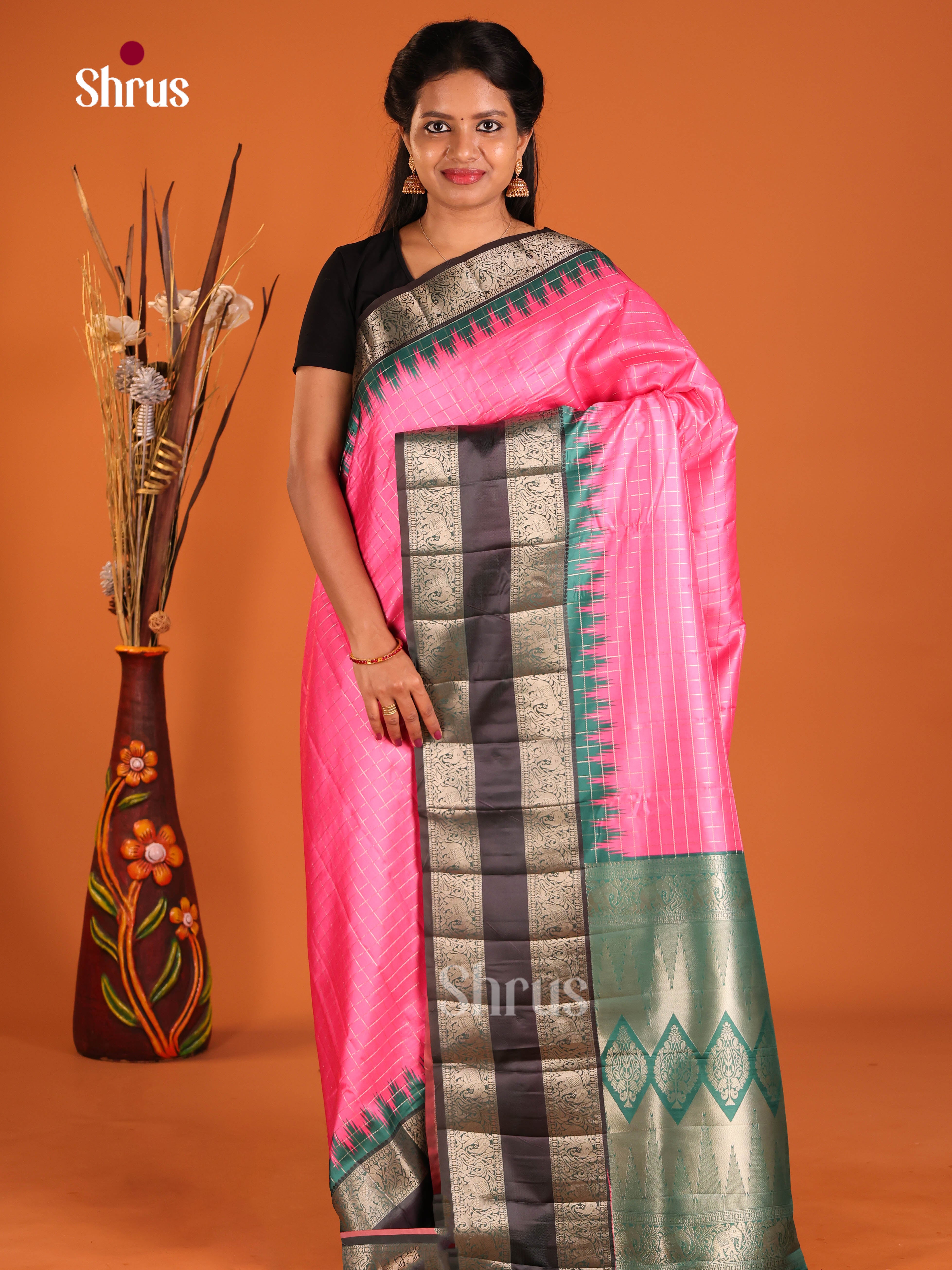 Pink & Green - Semi Dupion Saree