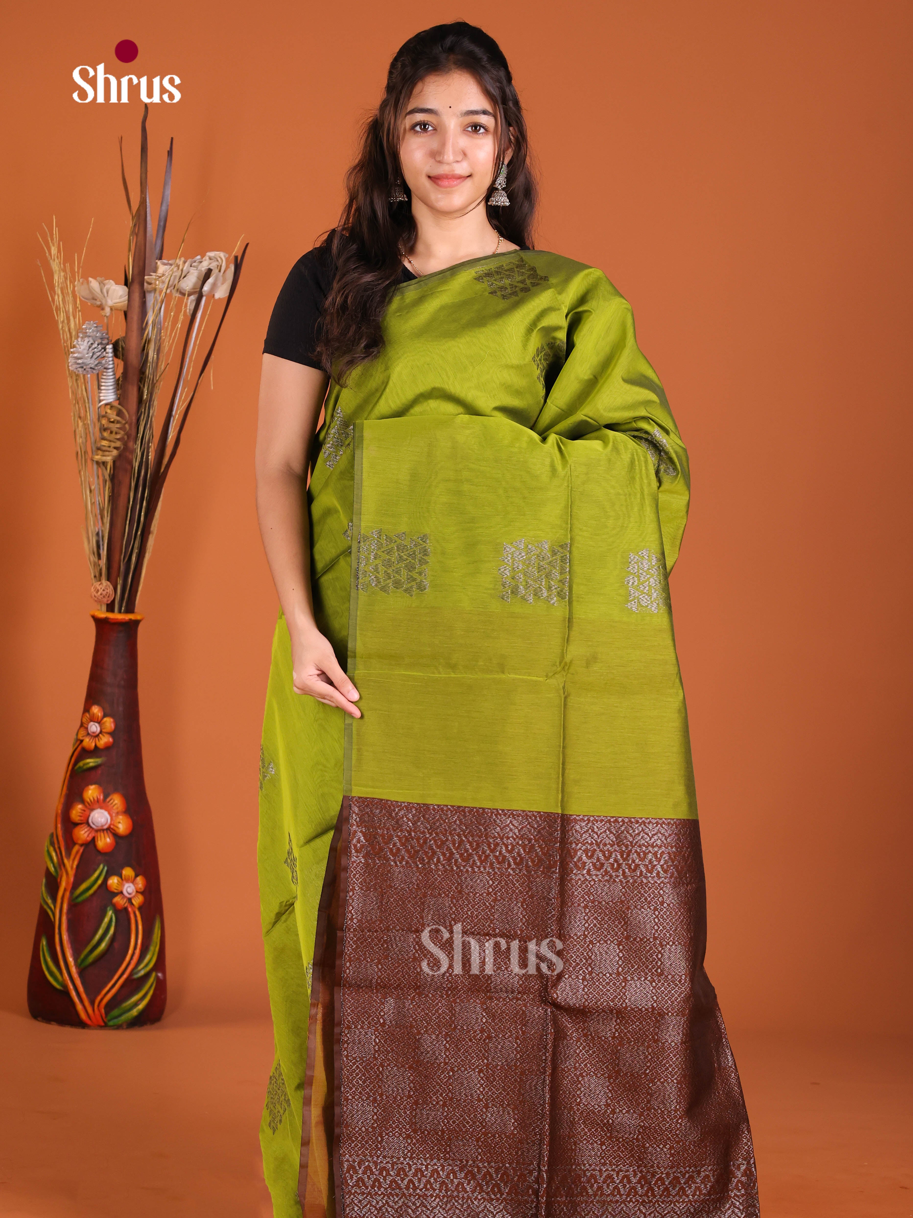 Green & Brown - Semi Silkcotton Saree - Shop on Shrus.com