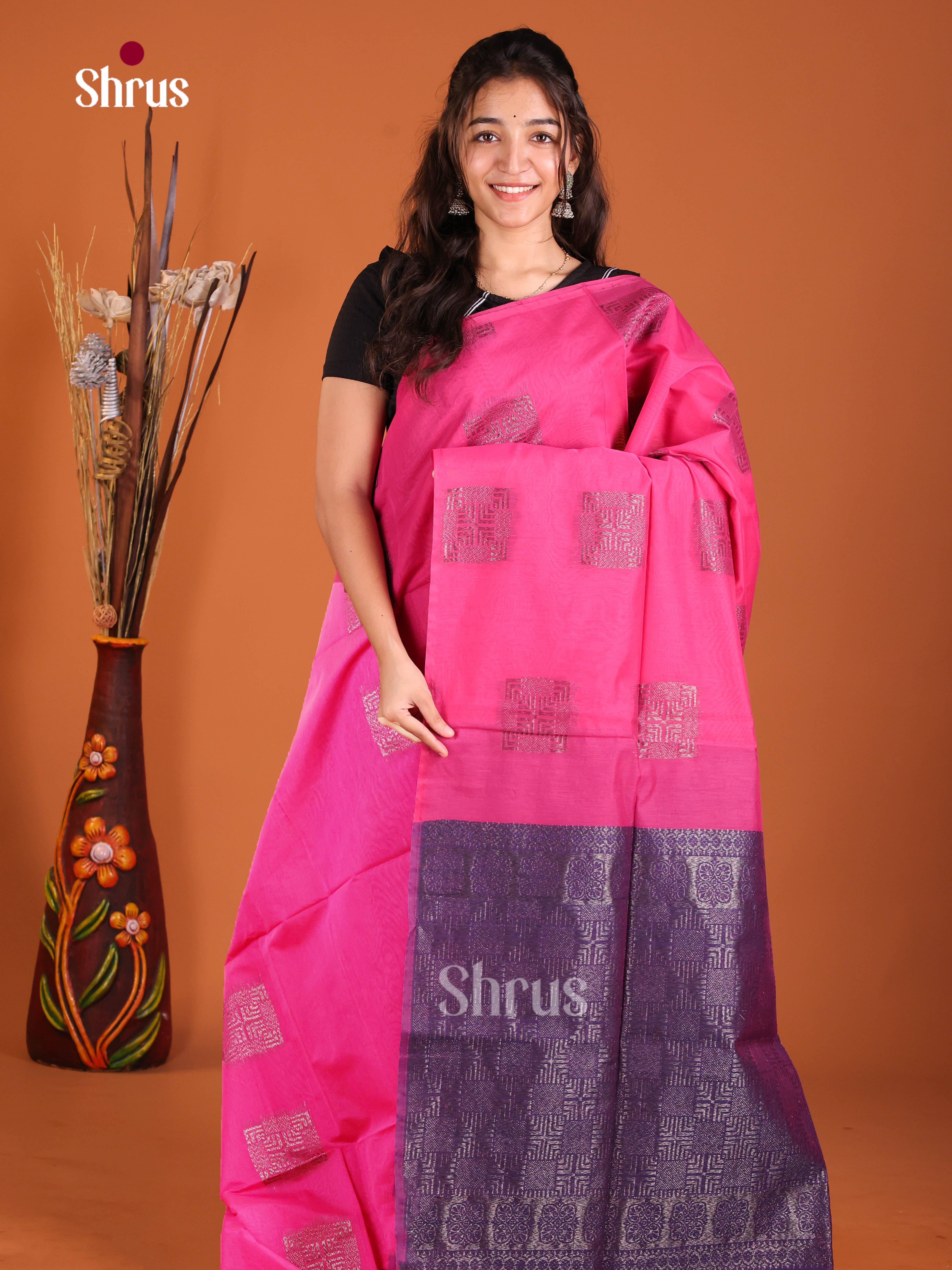 Pink & Violet - Semi Silkcotton Saree - Shop on Shrus.com