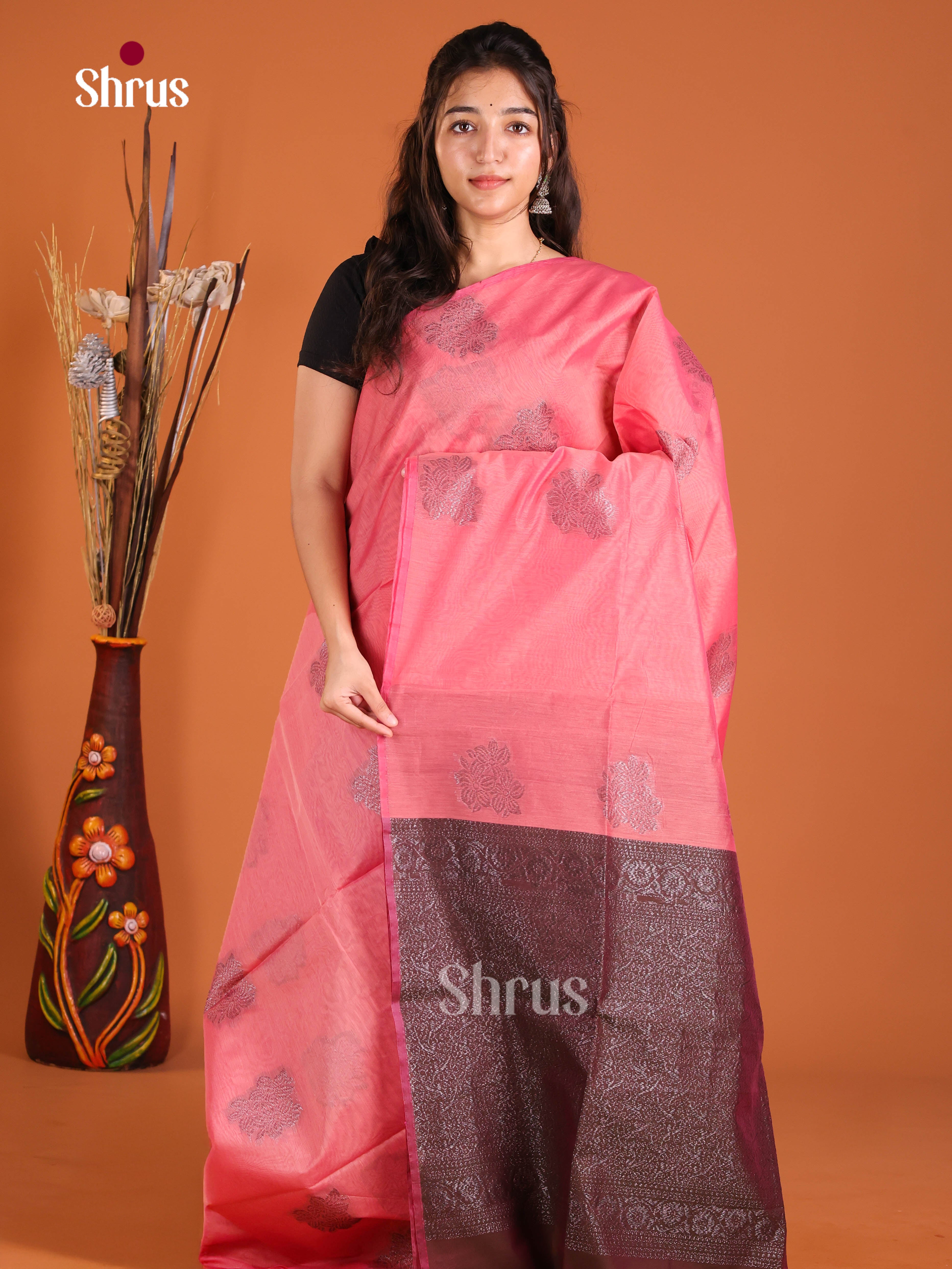 Pink & Maroon - Semi Silkcotton Saree - Shop on Shrus.com