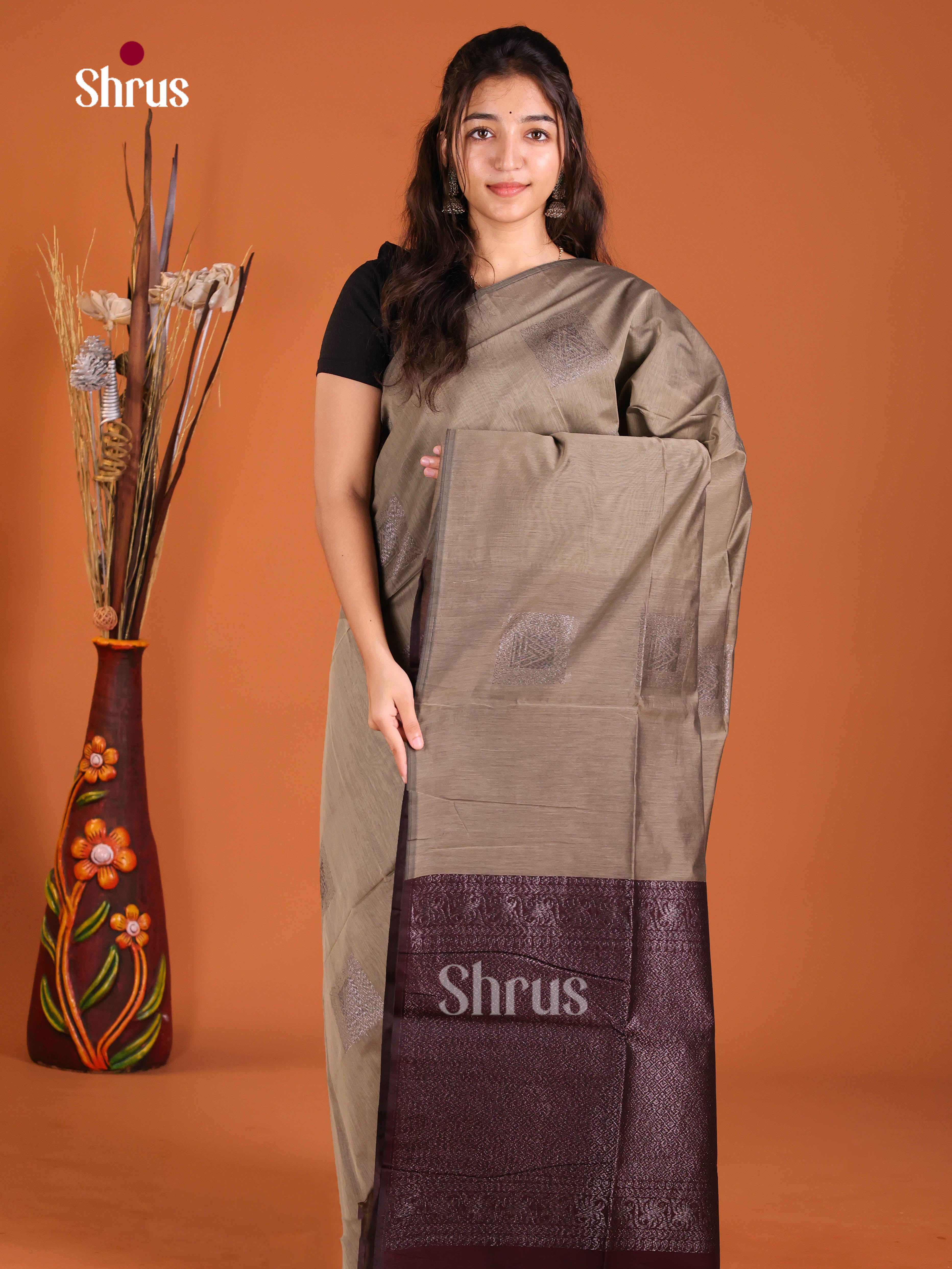 Grey & Maroon - Semi Silkcotton Saree - Shop on Shrus.com