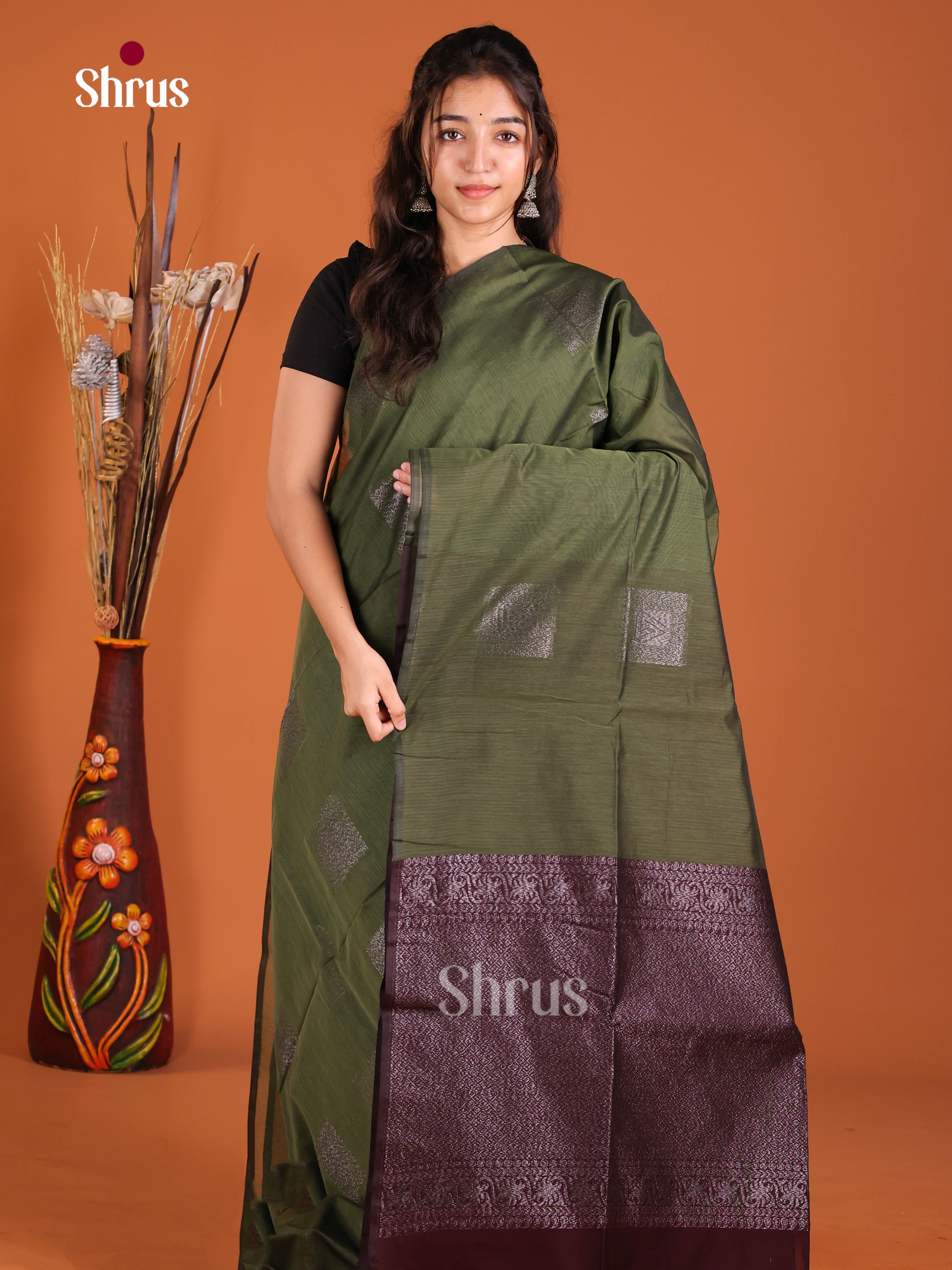 Green & Maroon - Semi Silkcotton Saree - Shop on Shrus.com
