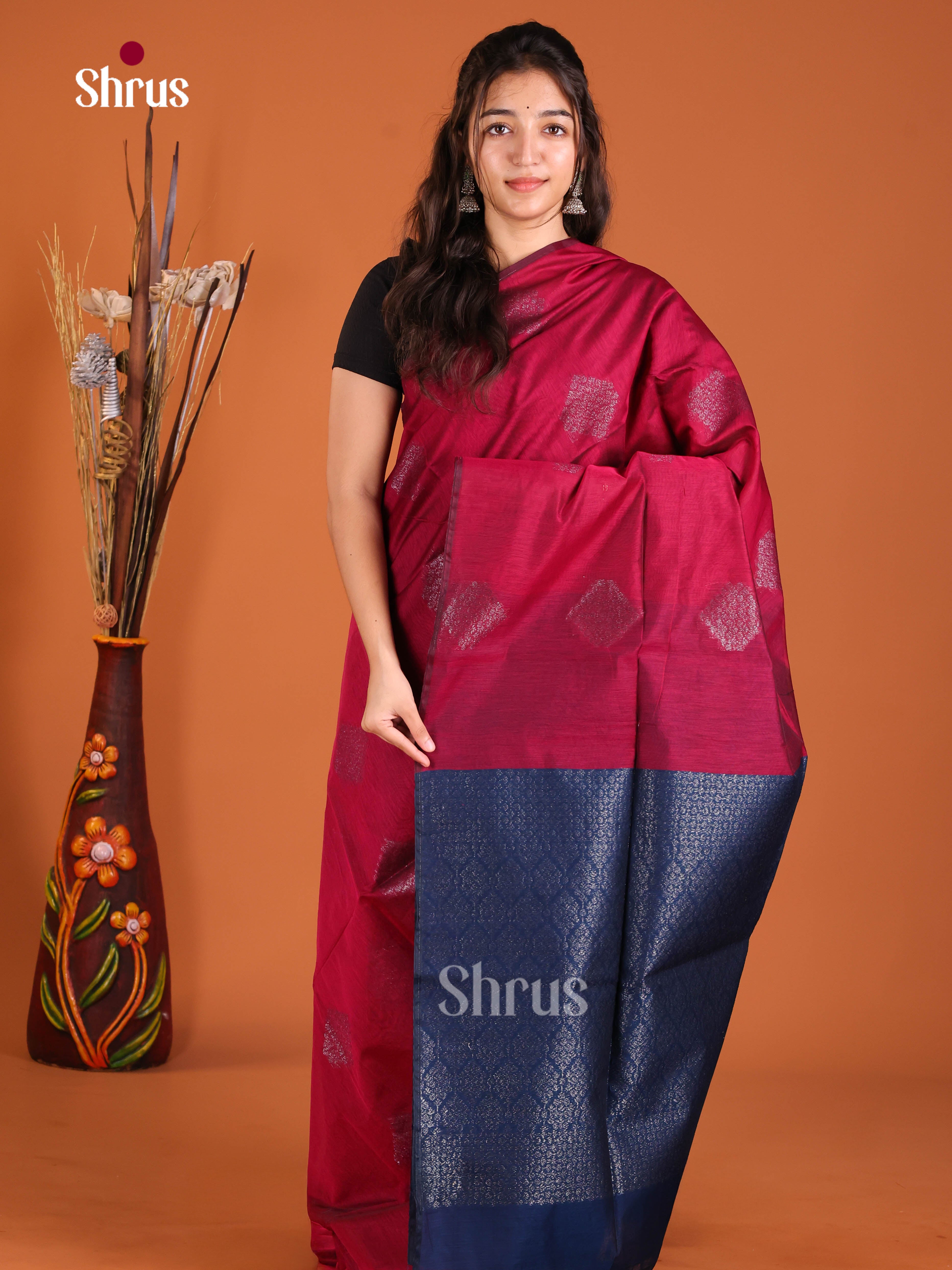 Maroon & Blue- Semi Silkcotton Saree - Shop on Shrus.com