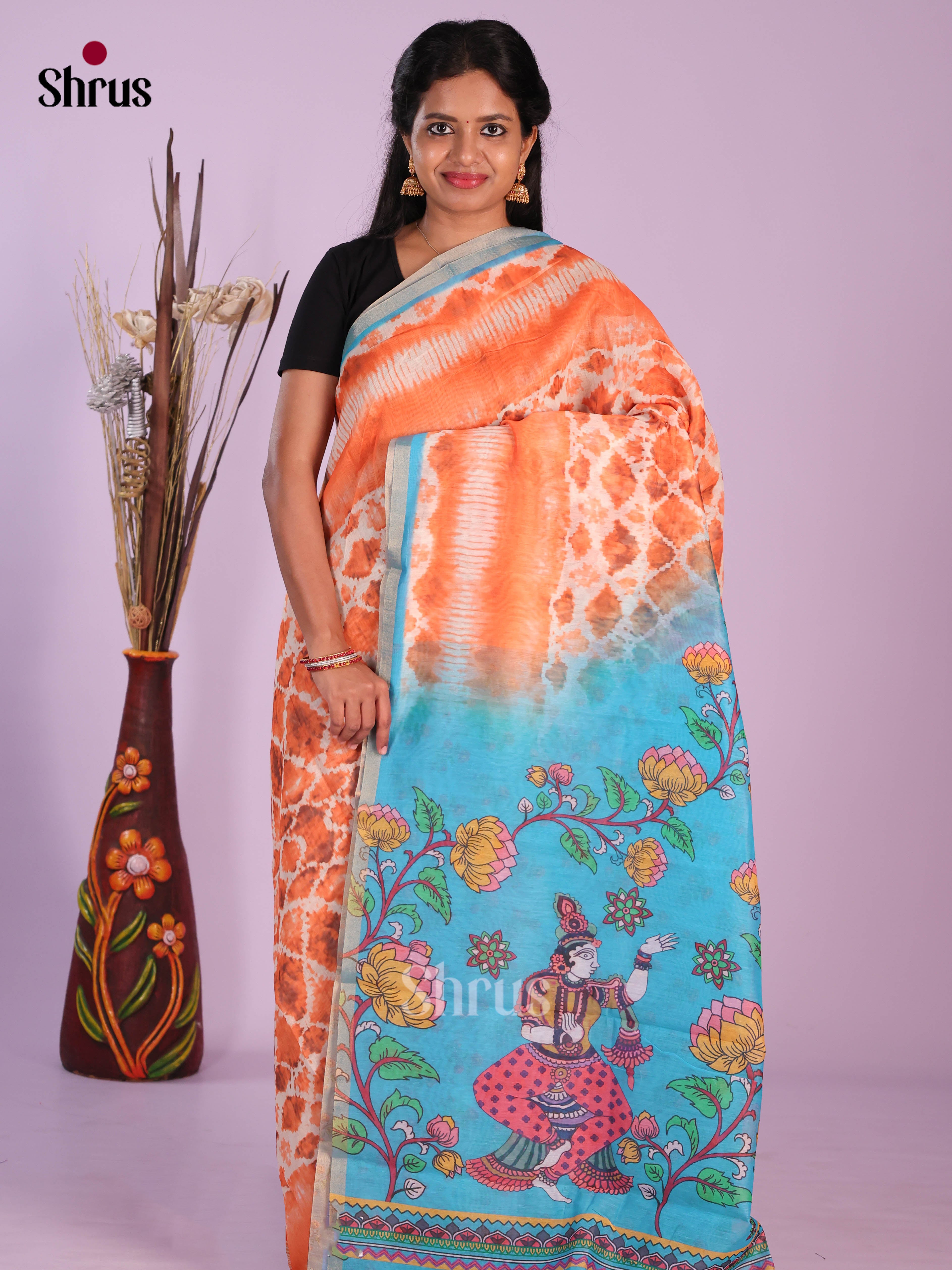 Orange & Blue - Linen Cotton Saree