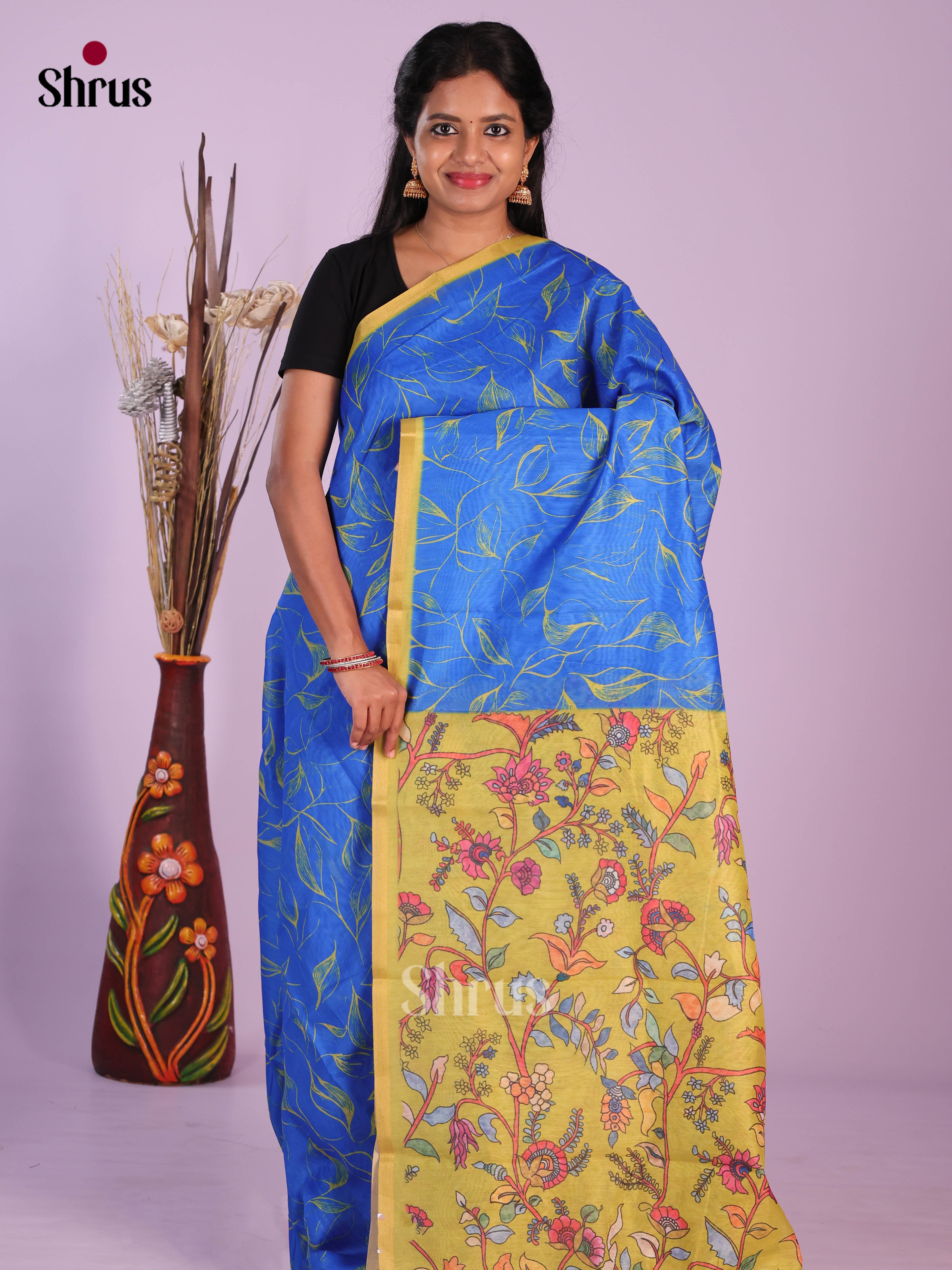 Blue & Light Green - Linen Cotton Saree