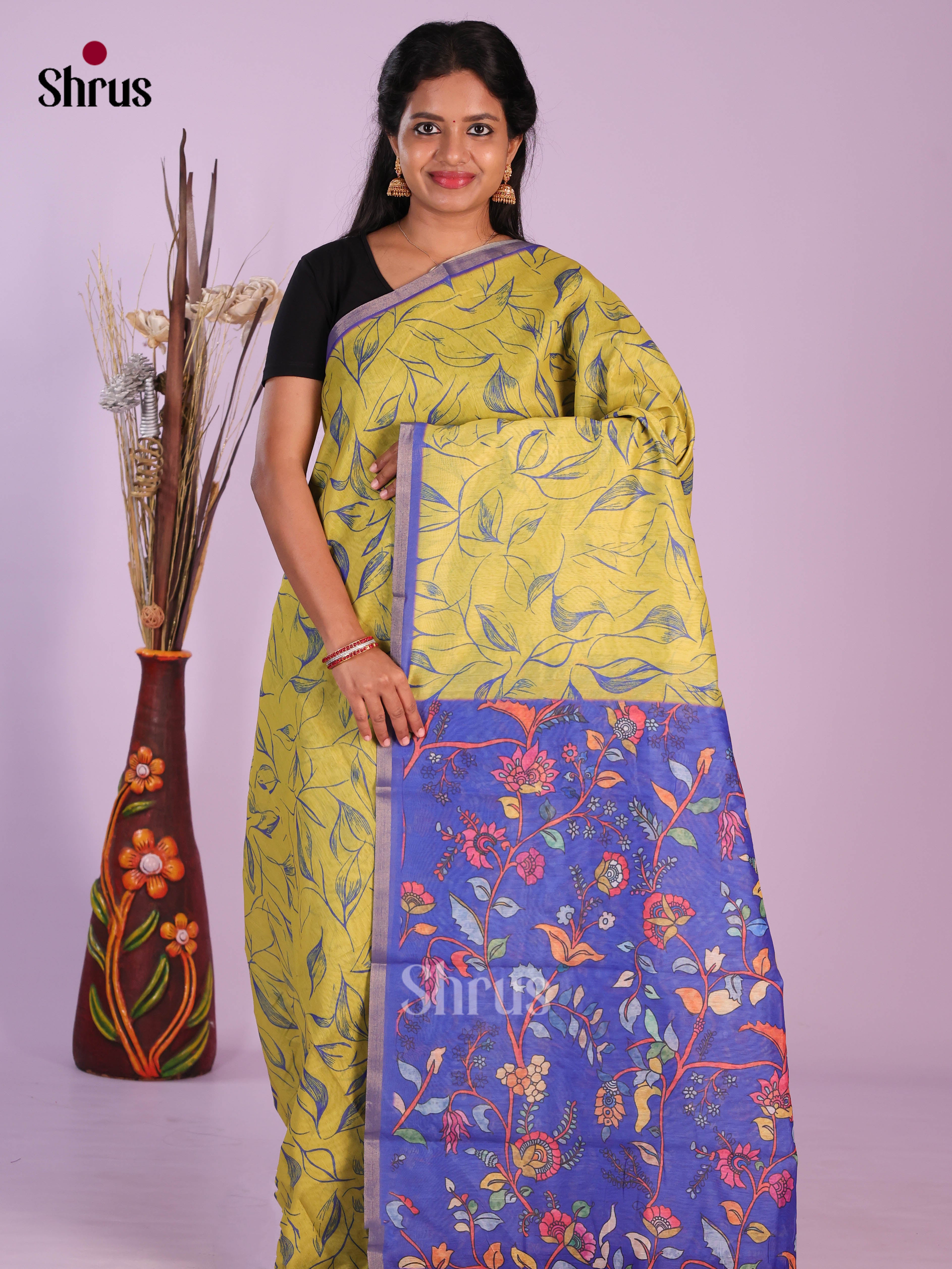 Yellow & Blue - Linen Cotton Saree