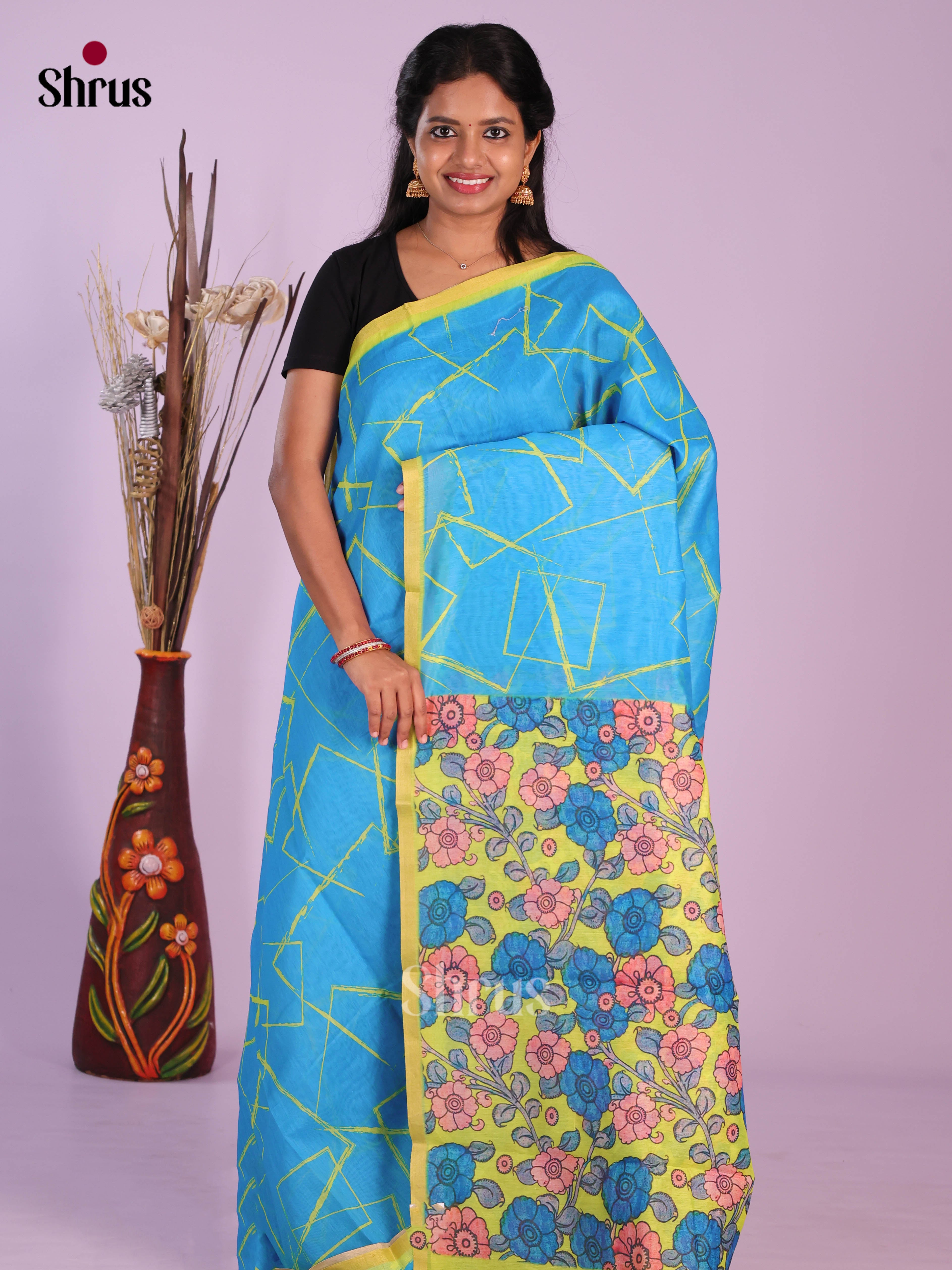 Blue & Light Green - Linen Cotton Saree