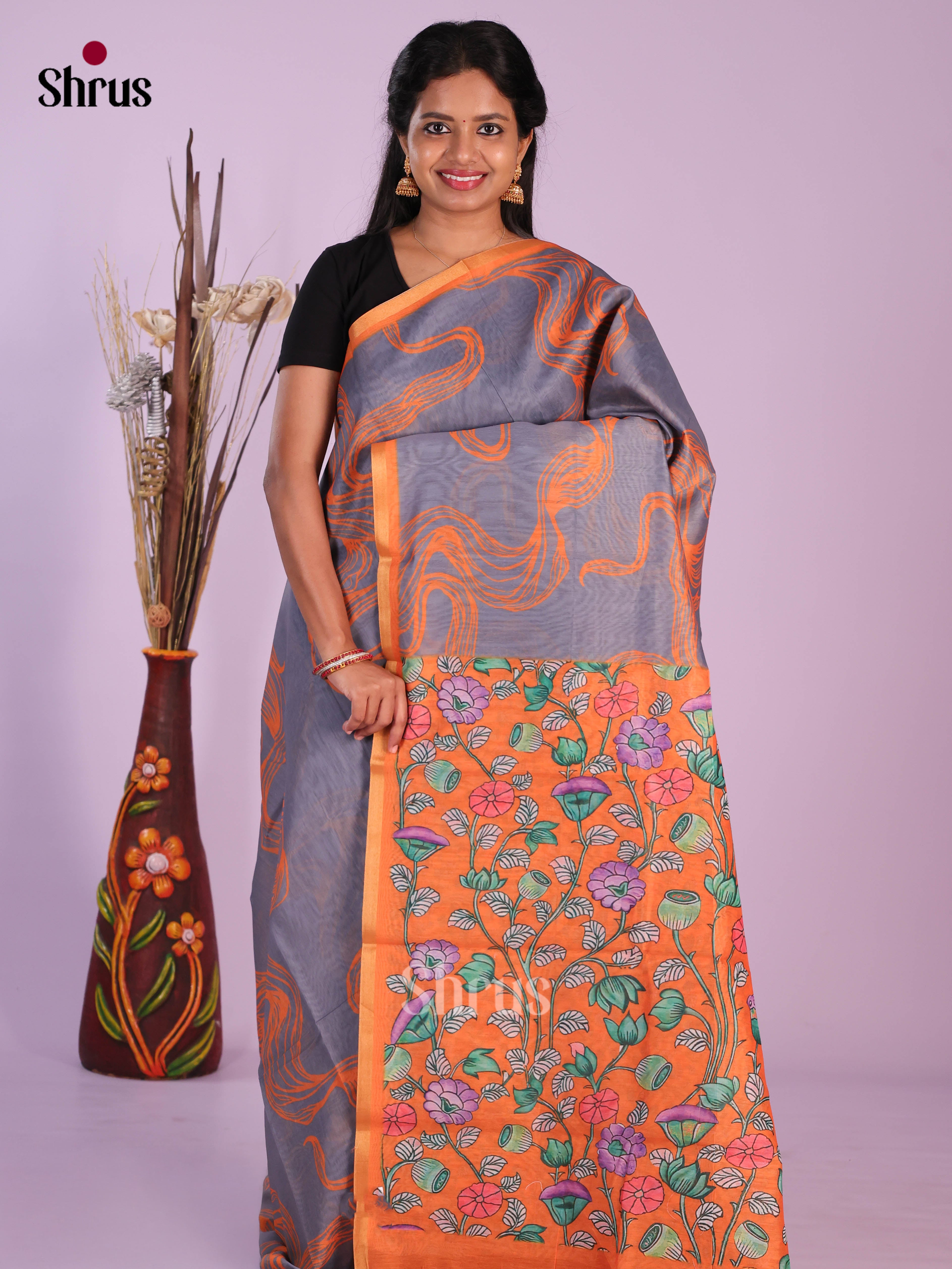 Grey & Orange - Linen Cotton Saree