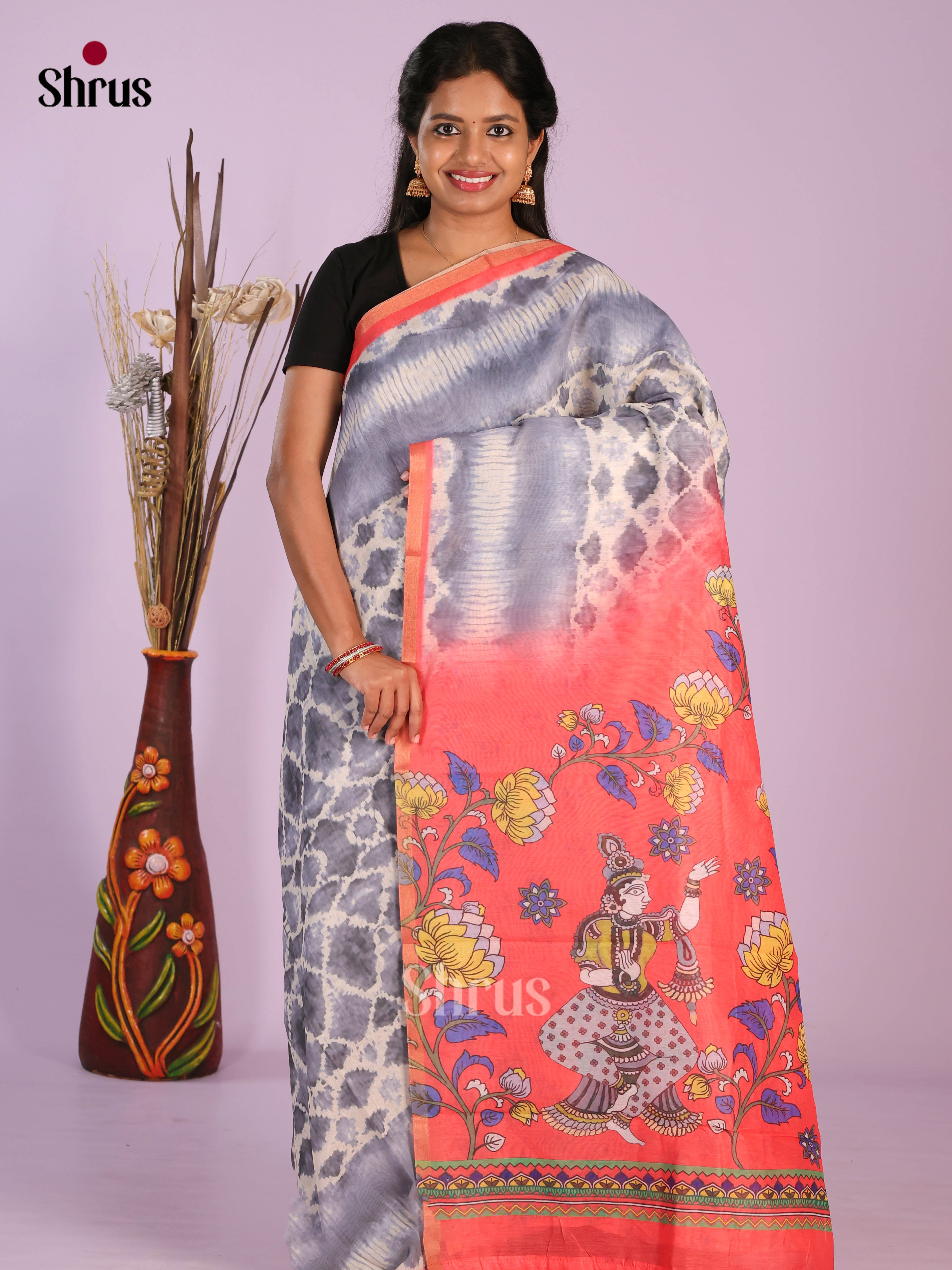 Grey & Orange- Linen Cotton Saree