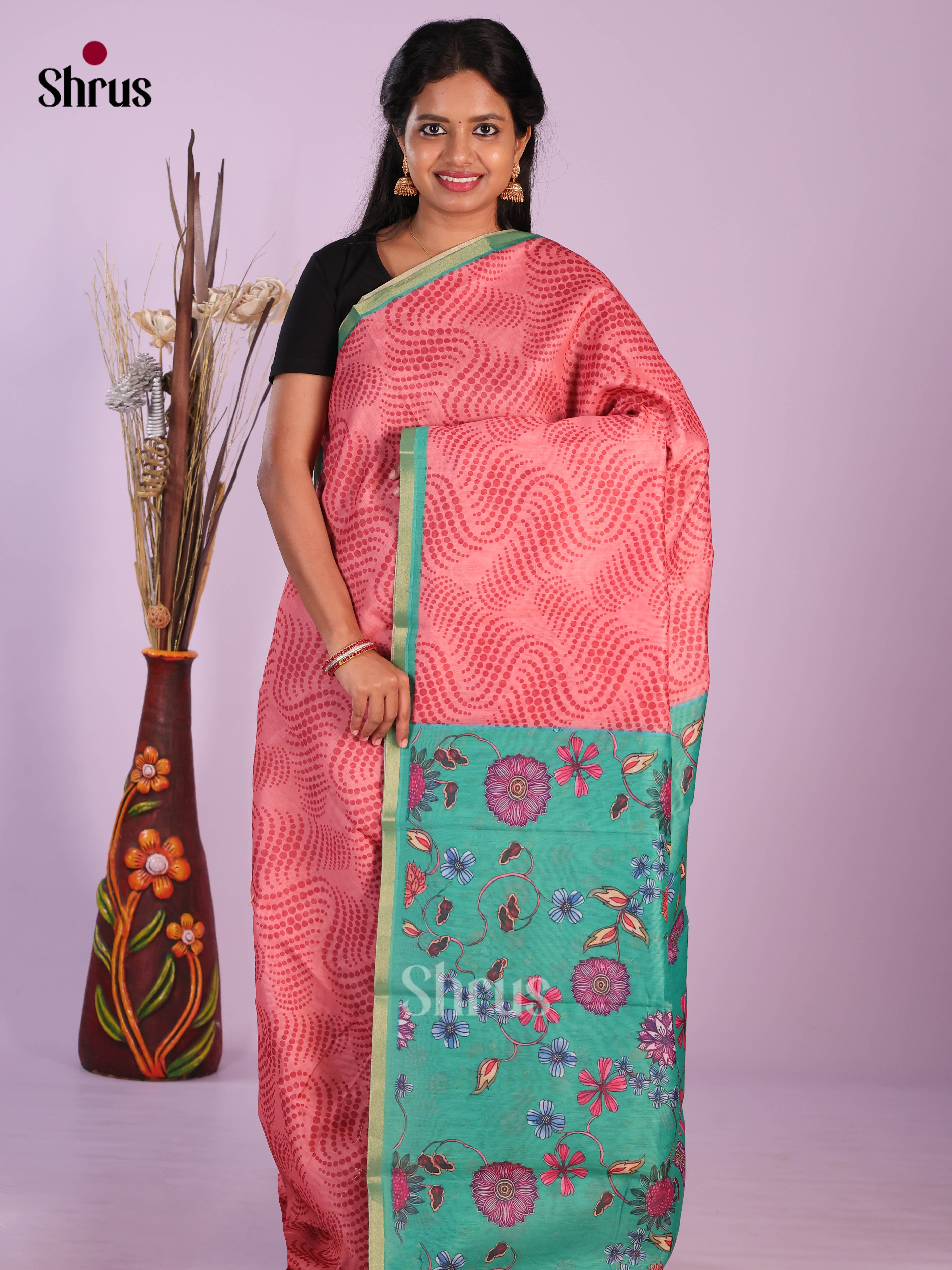 Peach & Green - Linen Cotton Saree