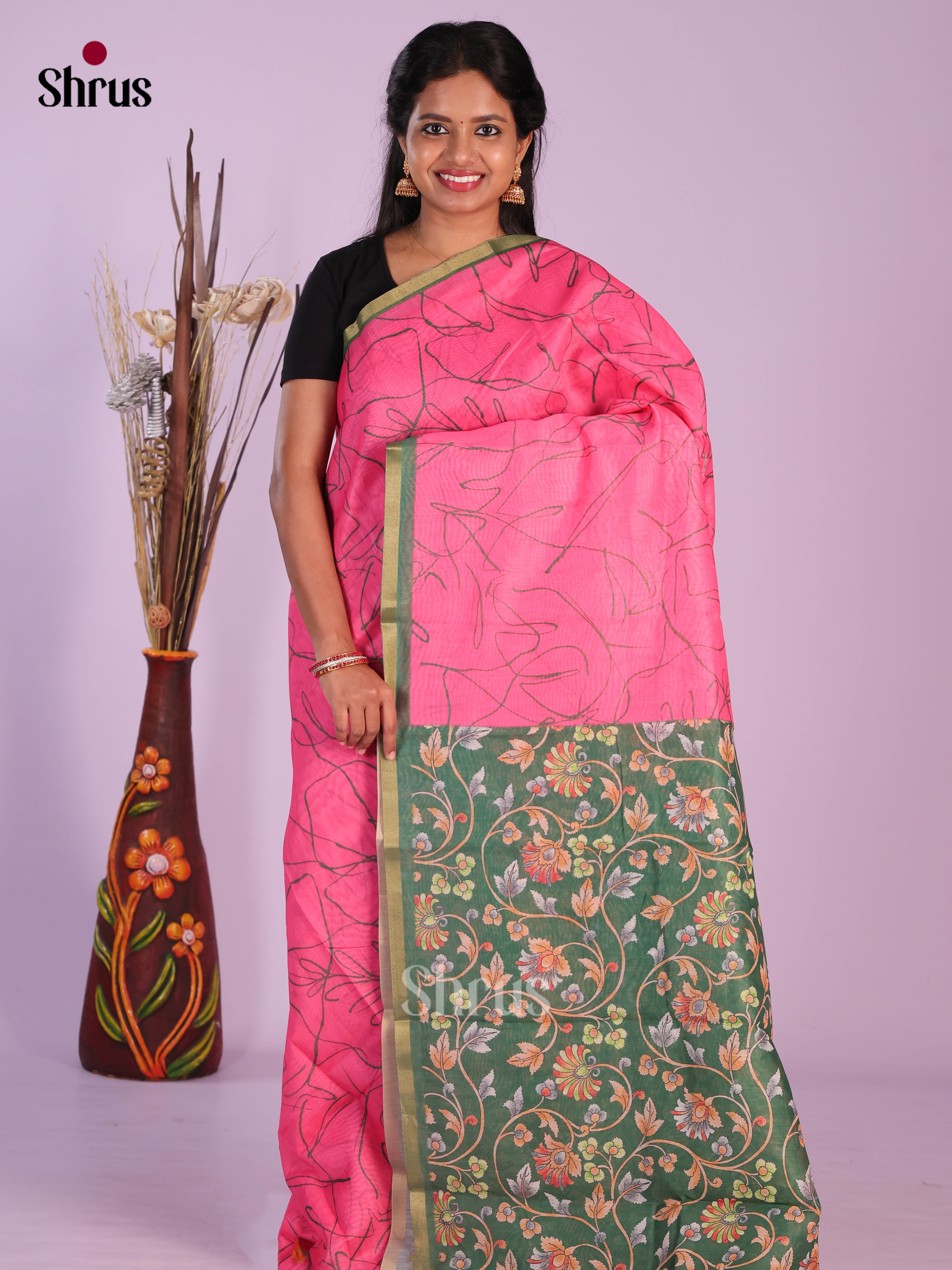 Pink & Green - Linen Cotton Saree